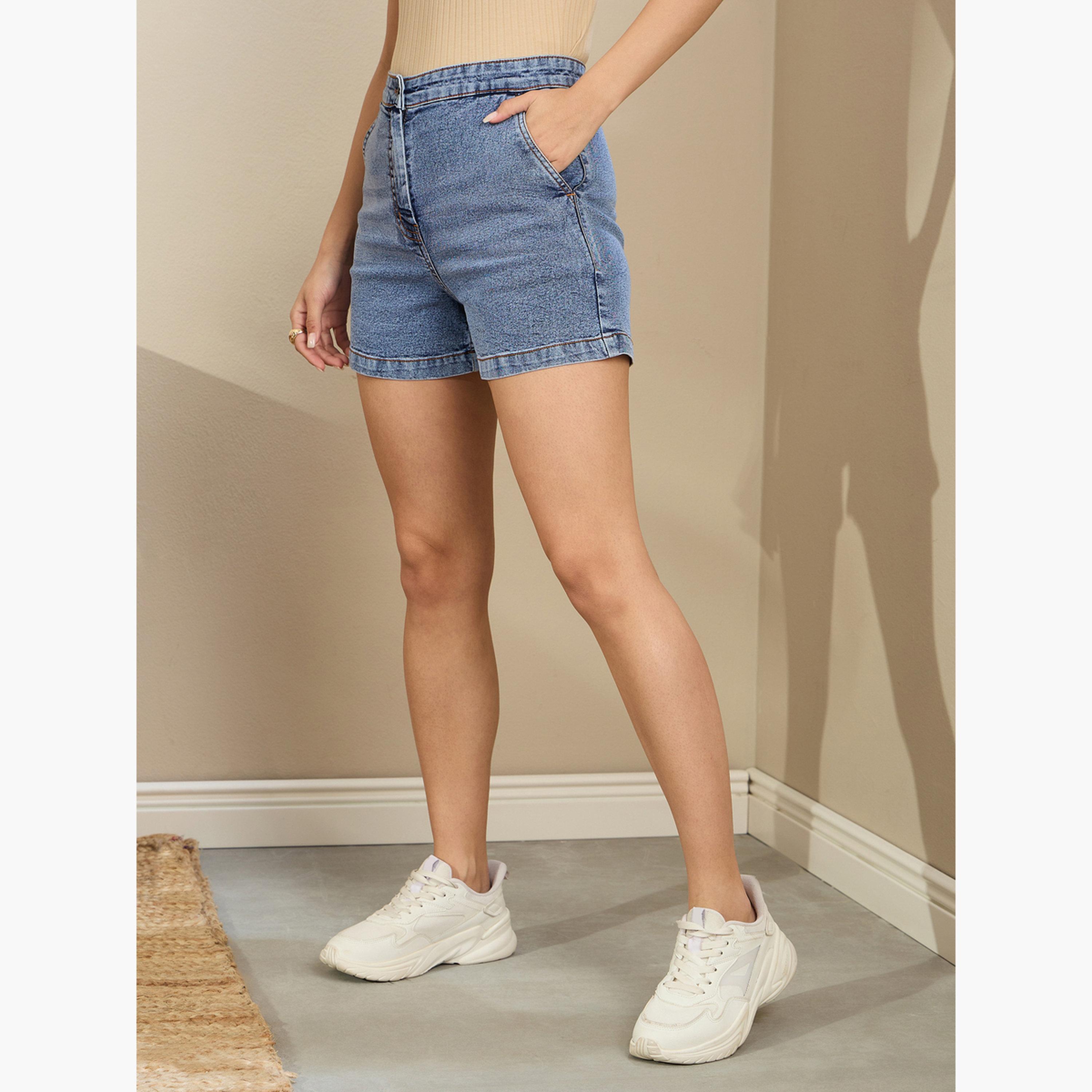 ساسافراس - شورت أزرق عالي الخصر بجيوب متقاطعة-women-clothing-bottoms-shorts-image-3
