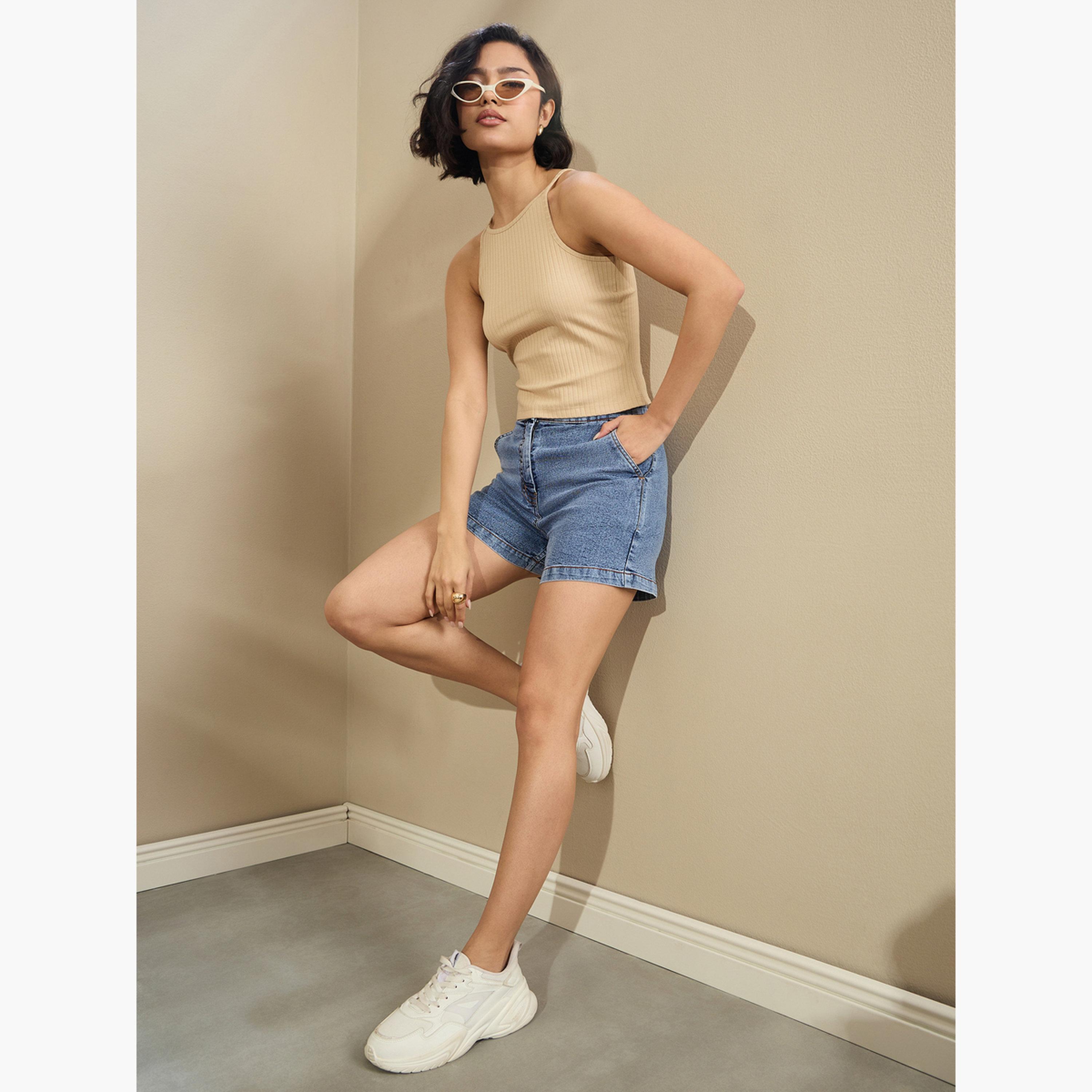 ساسافراس - شورت أزرق عالي الخصر بجيوب متقاطعة-women-clothing-bottoms-shorts-image-5