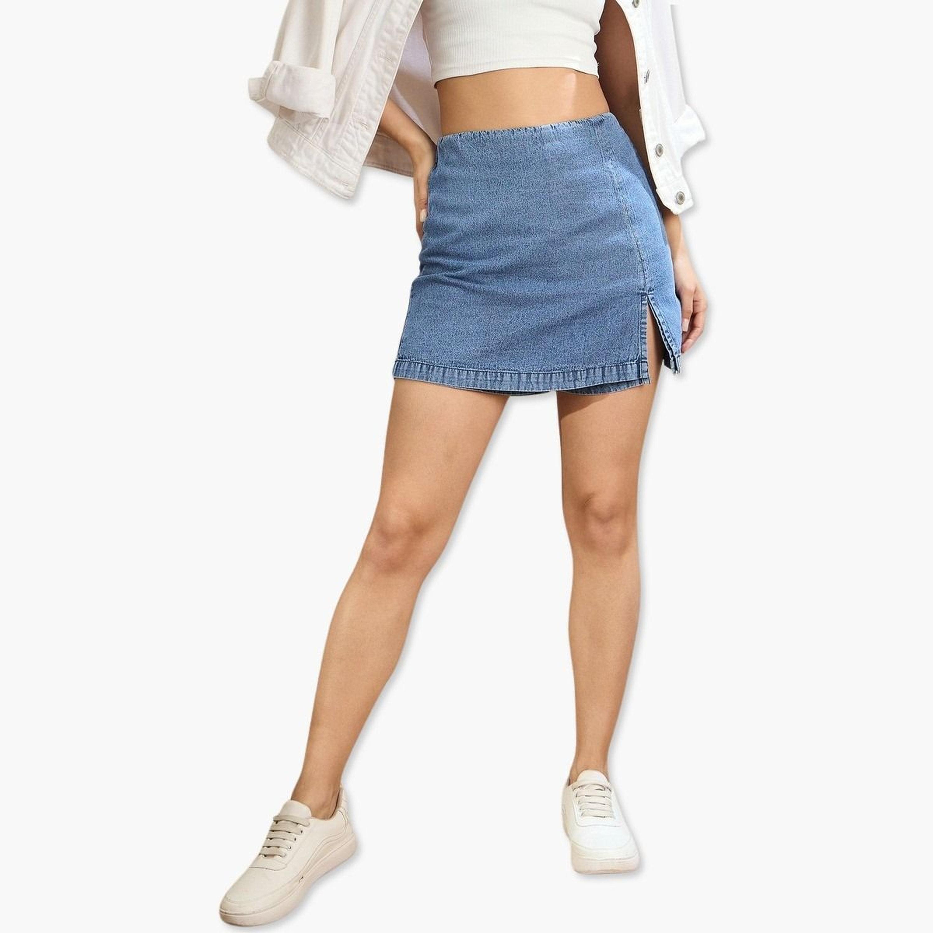 Sassafras Navy Denim Side Slit Mini Skorts-women-clothing-bottoms-shorts-image-1