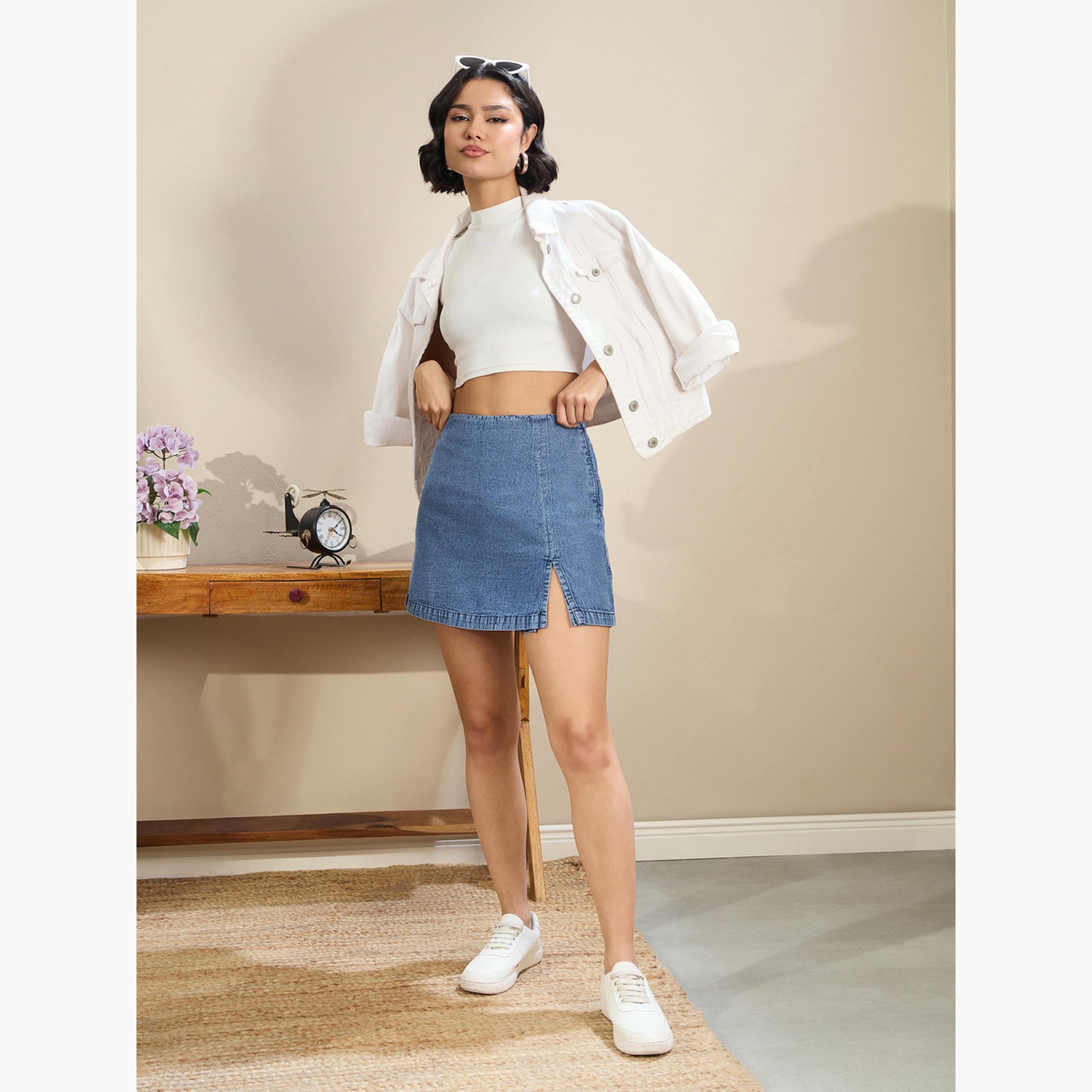 Sassafras Navy Denim Side Slit Mini Skorts-women-clothing-bottoms-shorts-image-2