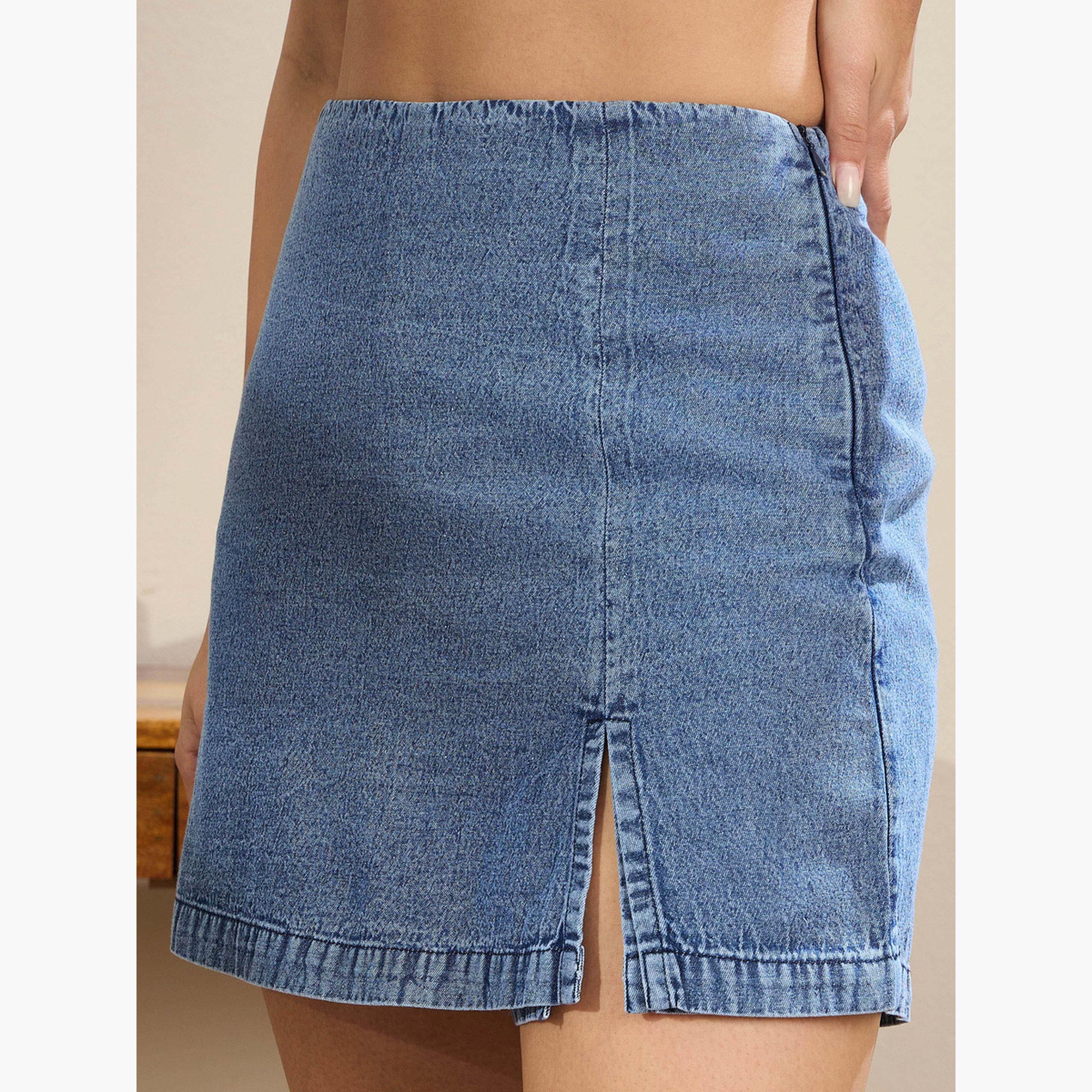 Sassafras Navy Denim Side Slit Mini Skorts-women-clothing-bottoms-shorts-image-4