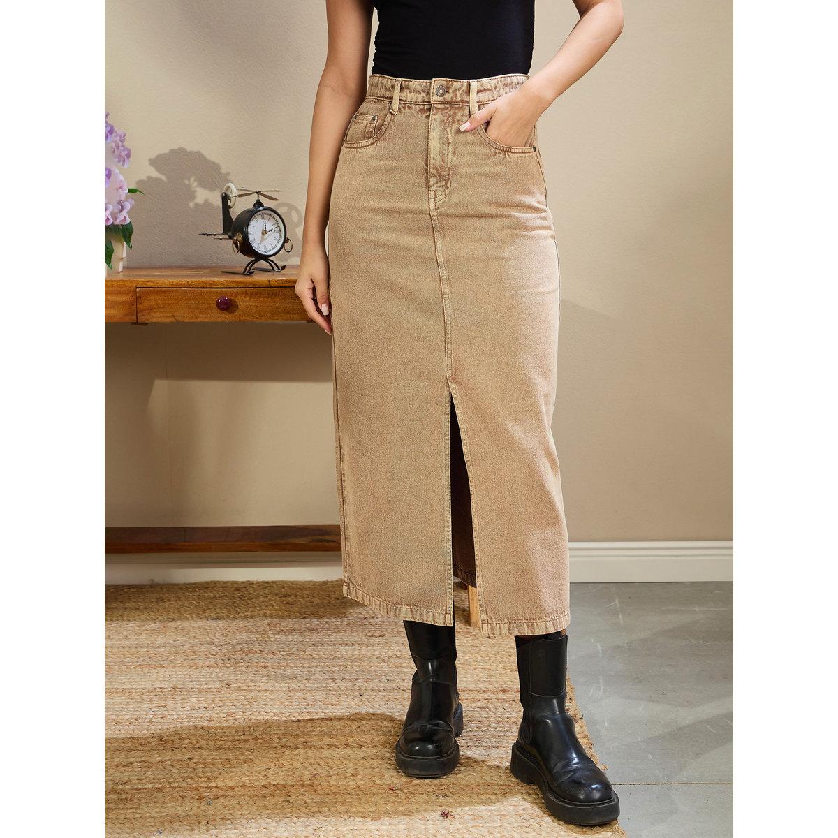 Sassafras Women Beige Front Slit Denim Midi Skirt-women-clothing-bottoms-skirts-image-1