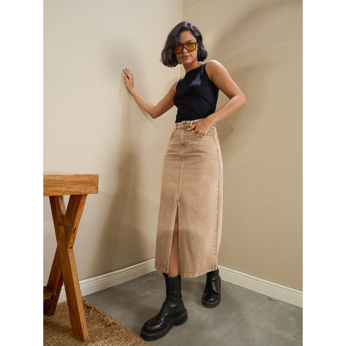 تنورة ميدي دنيم بتفاصيل شق أمامي-women-clothing-bottoms-skirts-image-2