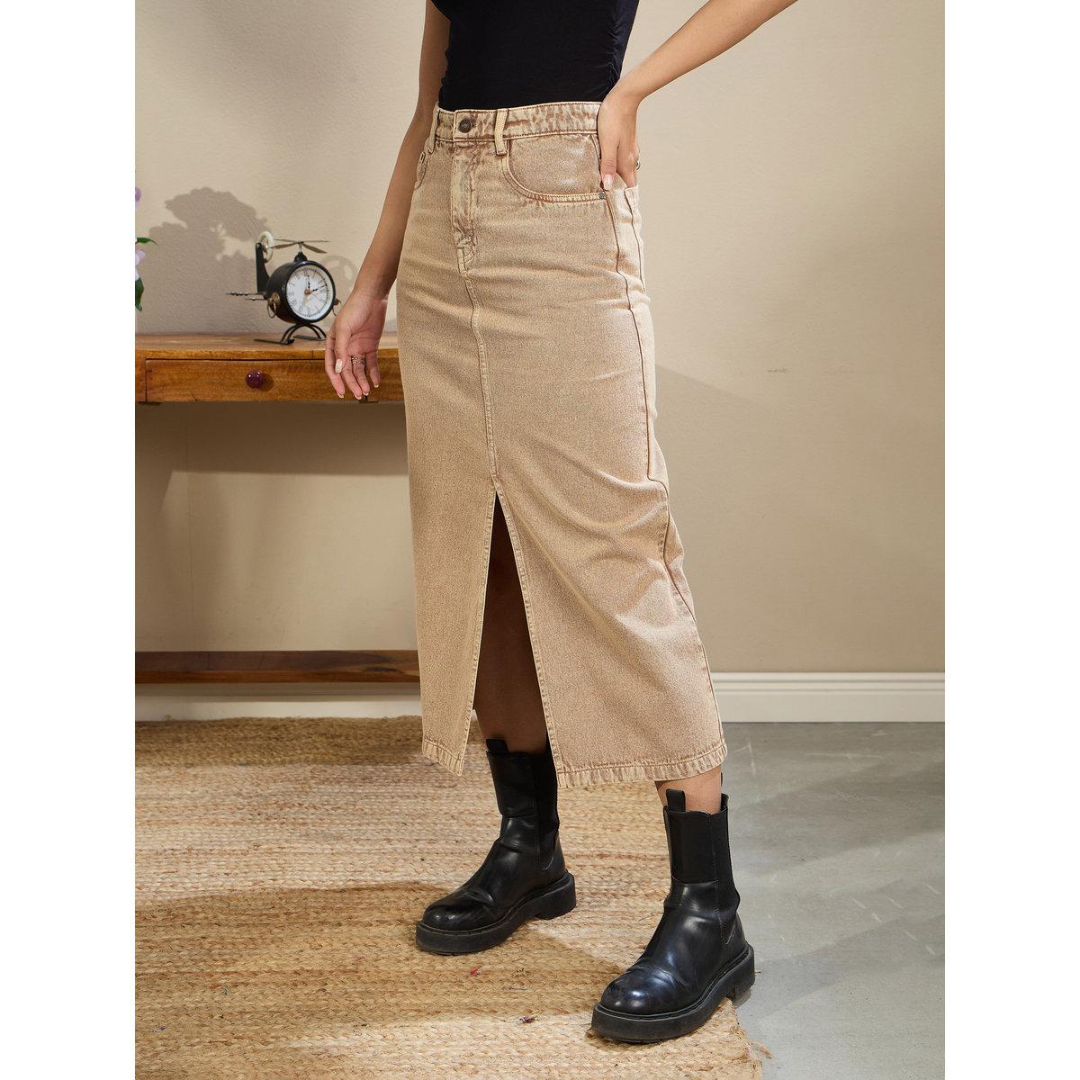 Sassafras Women Beige Front Slit Denim Midi Skirt-women-clothing-bottoms-skirts-image-3