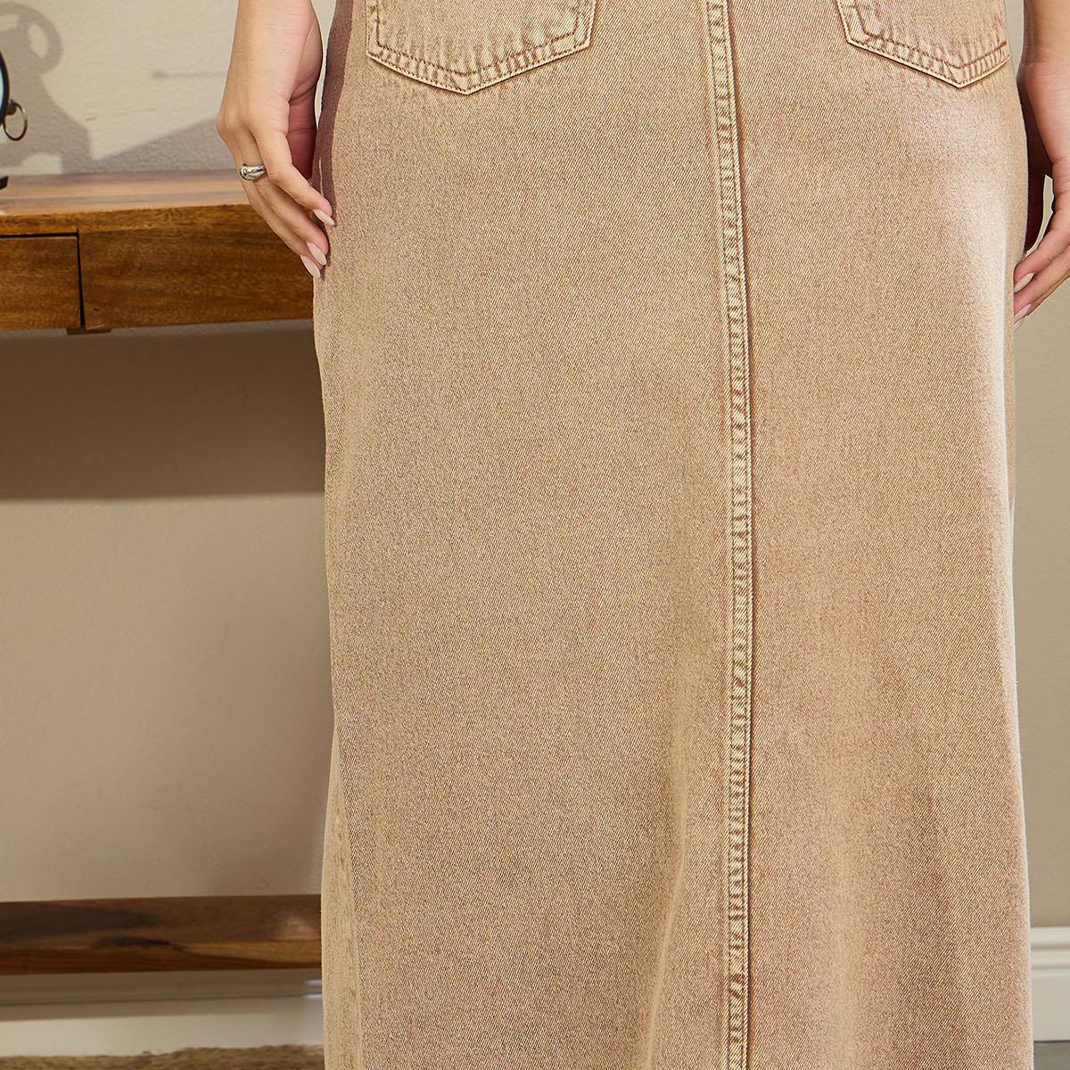 Sassafras Women Beige Front Slit Denim Midi Skirt-women-clothing-bottoms-skirts-image-5