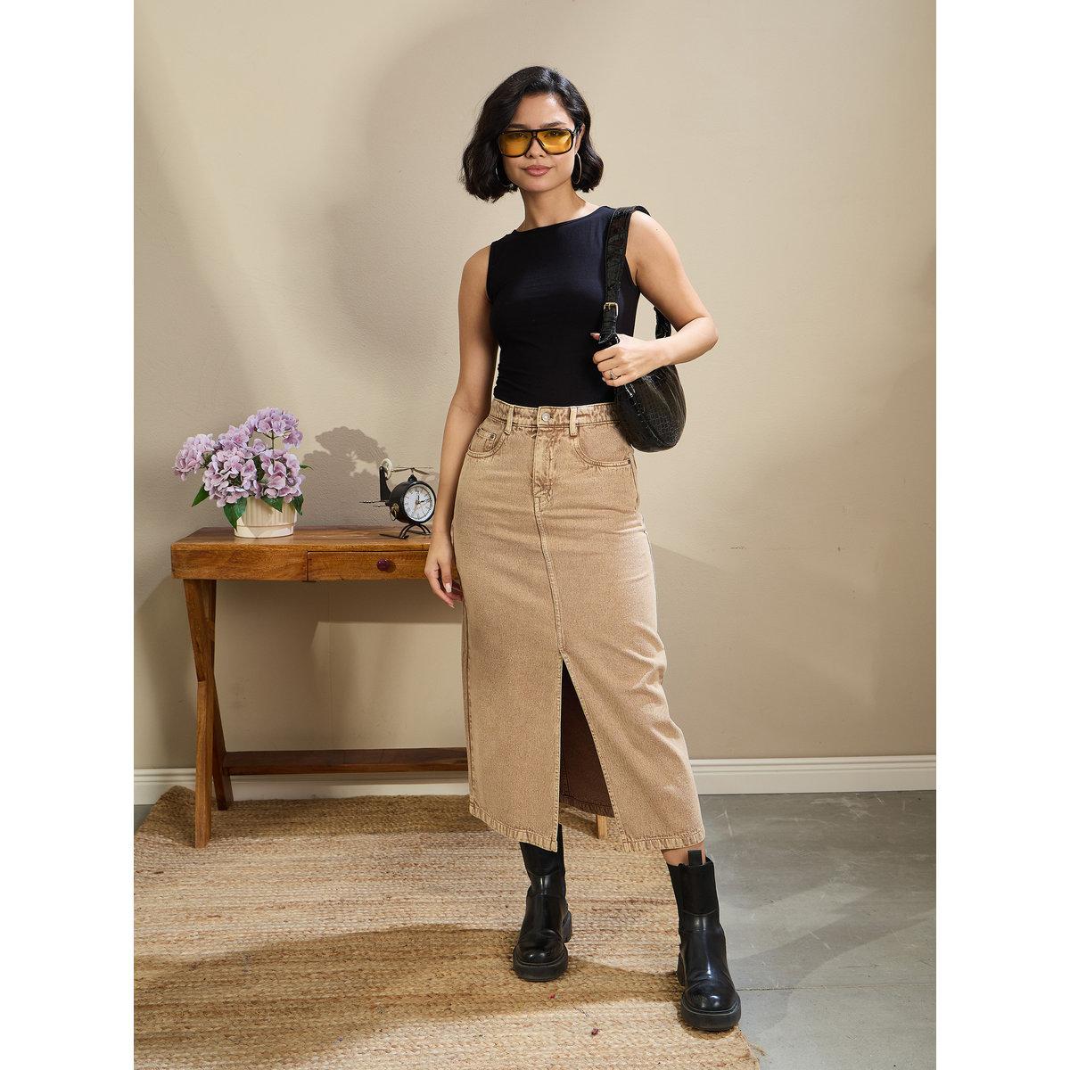 Sassafras Women Beige Front Slit Denim Midi Skirt-women-clothing-bottoms-skirts-image-6