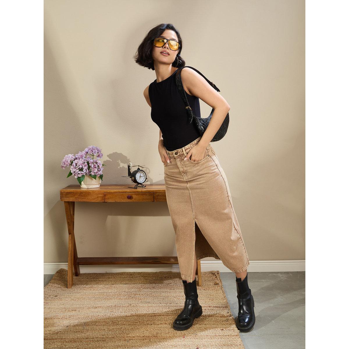 Sassafras Women Beige Front Slit Denim Midi Skirt-women-clothing-bottoms-skirts-image-7