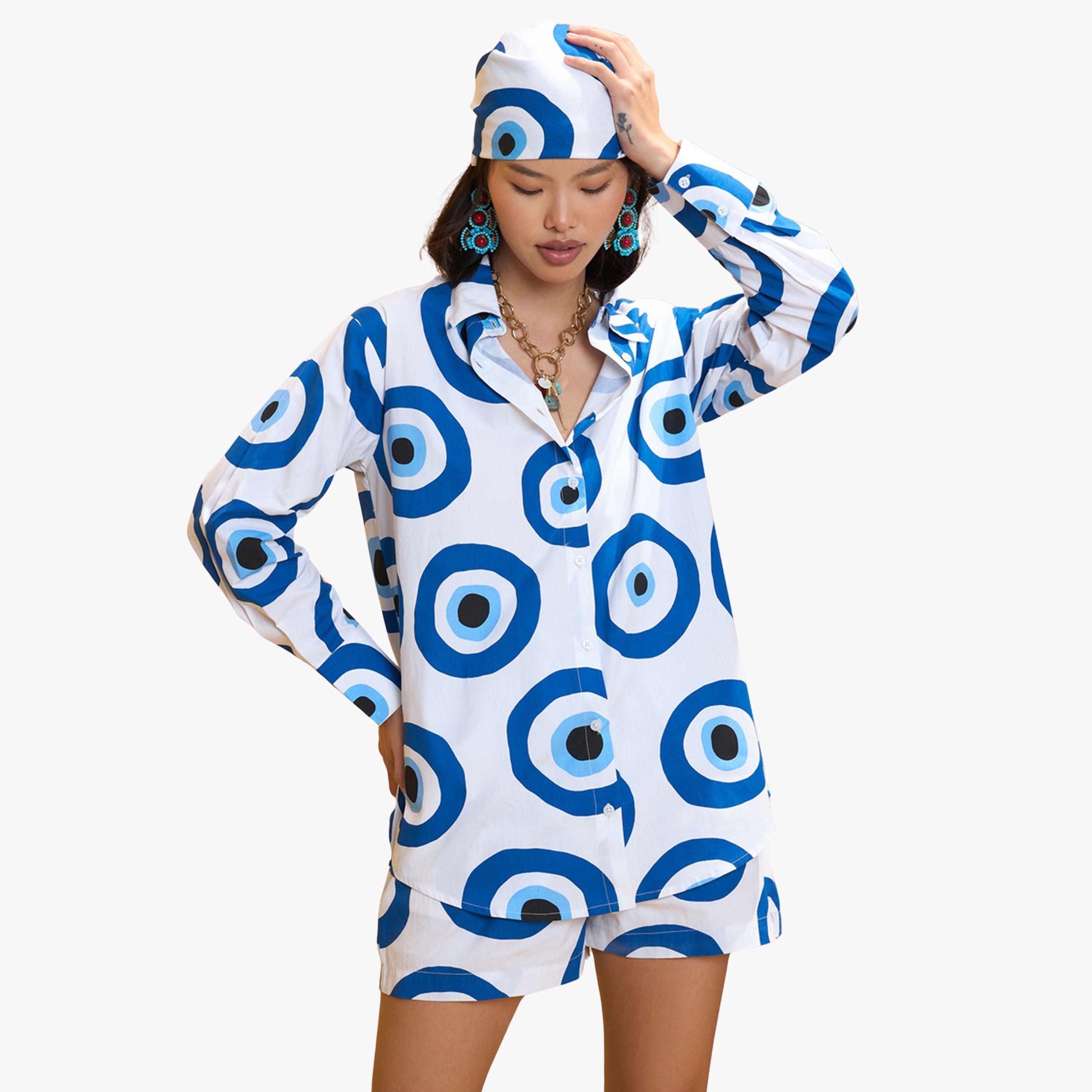 Sassafras White Evil Eye Print Oversized Shirt With Shorts-women-clothing-coordsets-image-1