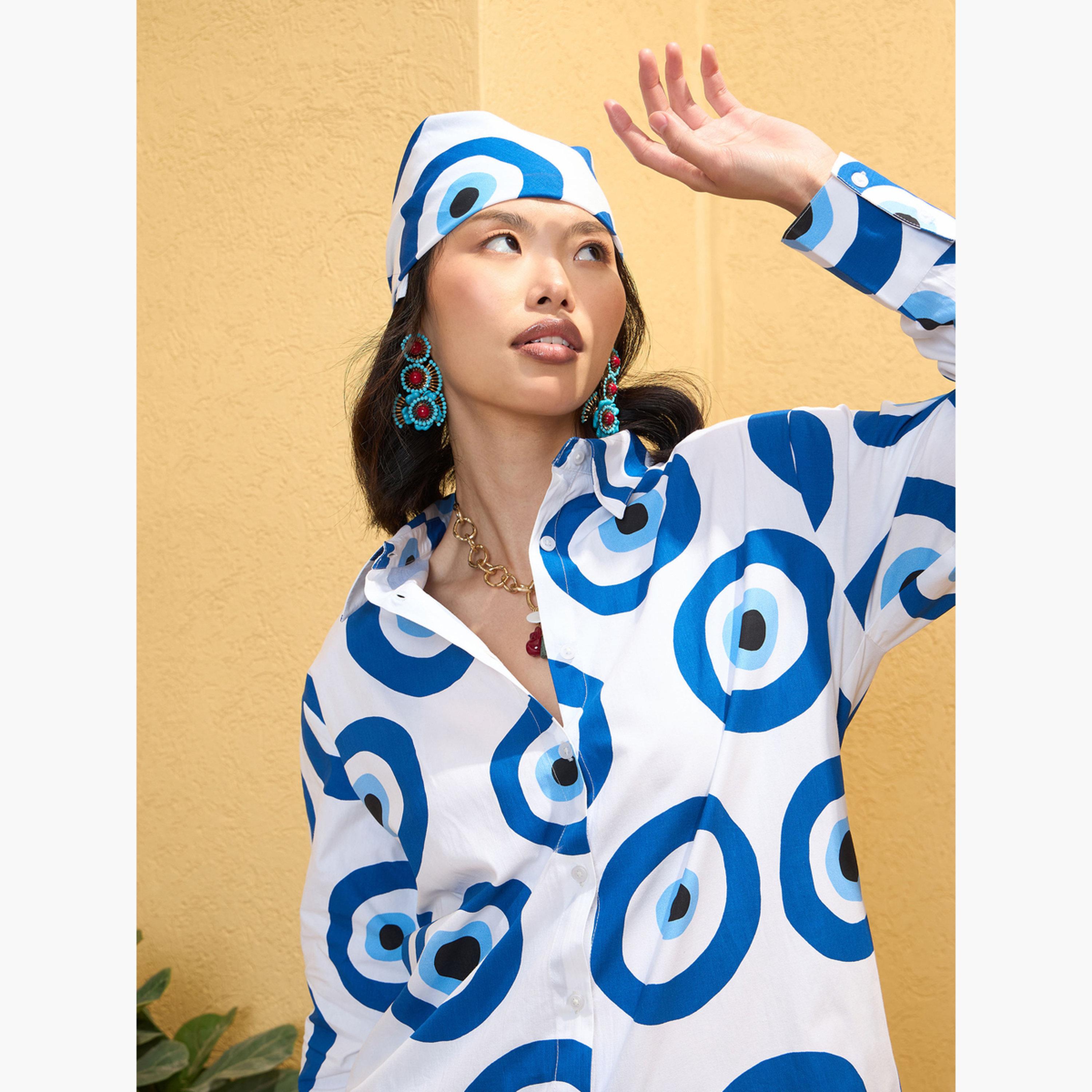 Sassafras White Evil Eye Print Oversized Shirt With Shorts-women-clothing-coordsets-image-5