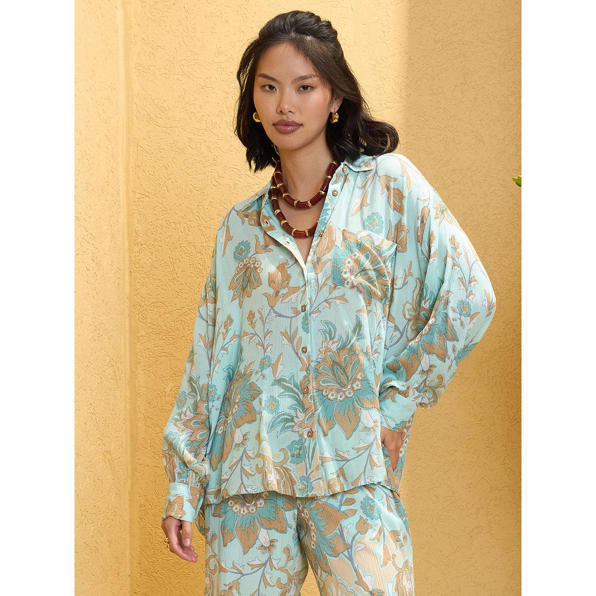 Sassafras Blue Floral Longline Shirt and Pants Co-Ords-women-clothing-coordsets-image-7