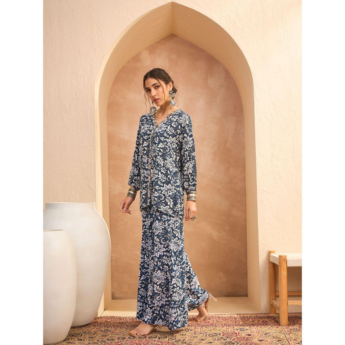 طقم منسق من بنطال بالازو وبلوزة مُطبعة بالكامل-women-clothing-coordsets-image-3