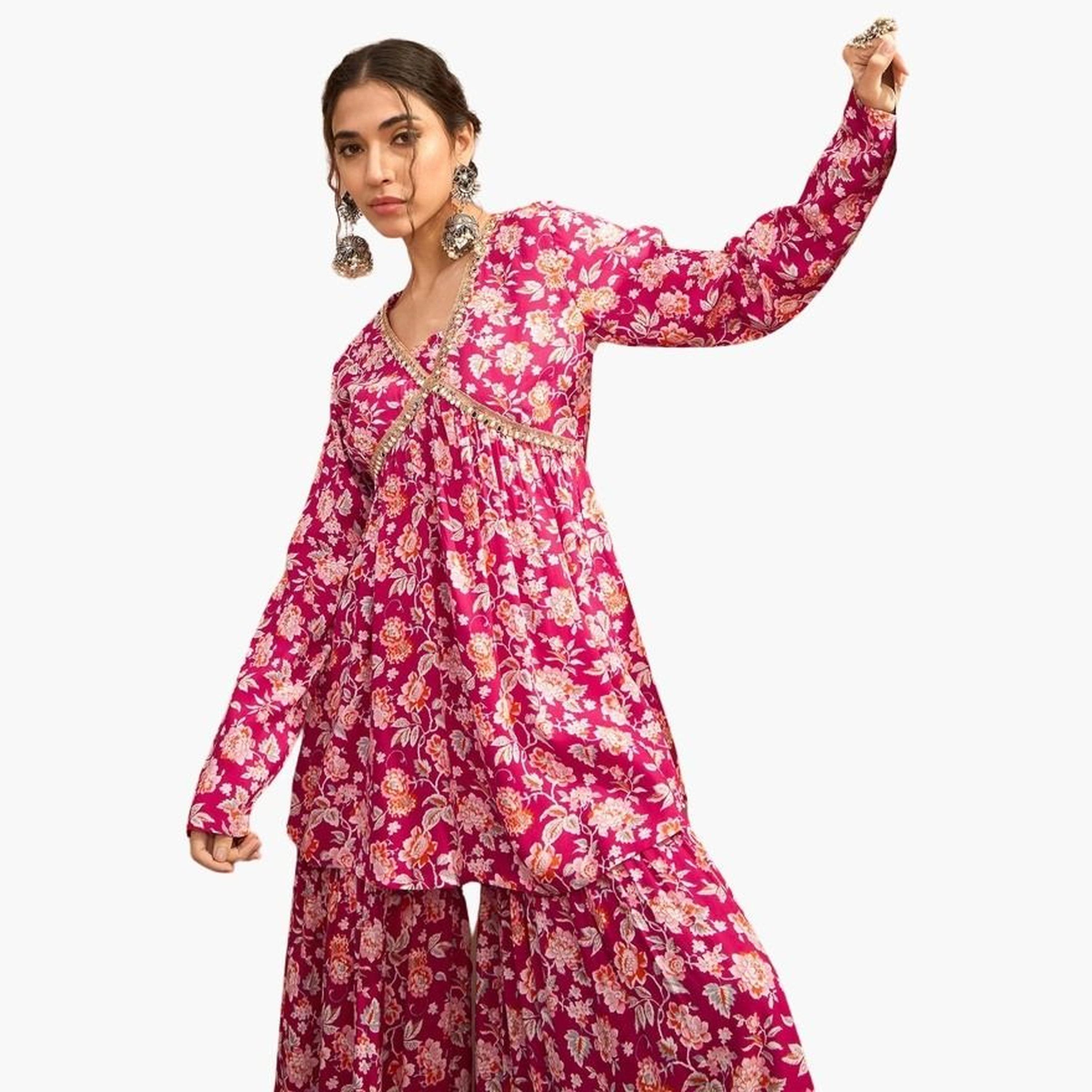 ساسافراس - بلوزة بيبلوم كامبريك حمراء مزهرّة مع بنطال شرارا للنساء-women-clothing-coordsets-image-3