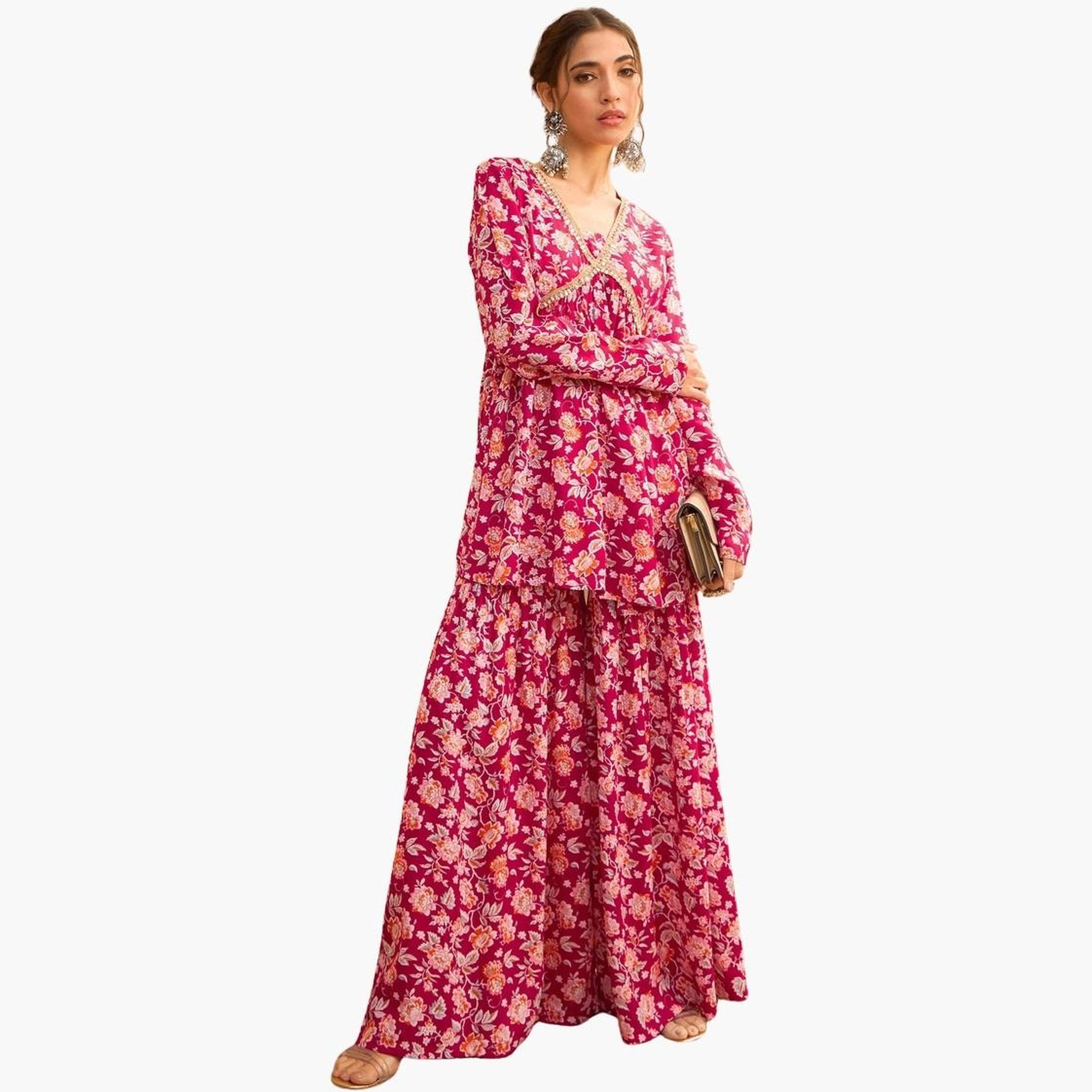 ساسافراس - بلوزة بيبلوم كامبريك حمراء مزهرّة مع بنطال شرارا للنساء-women-clothing-coordsets-image-5