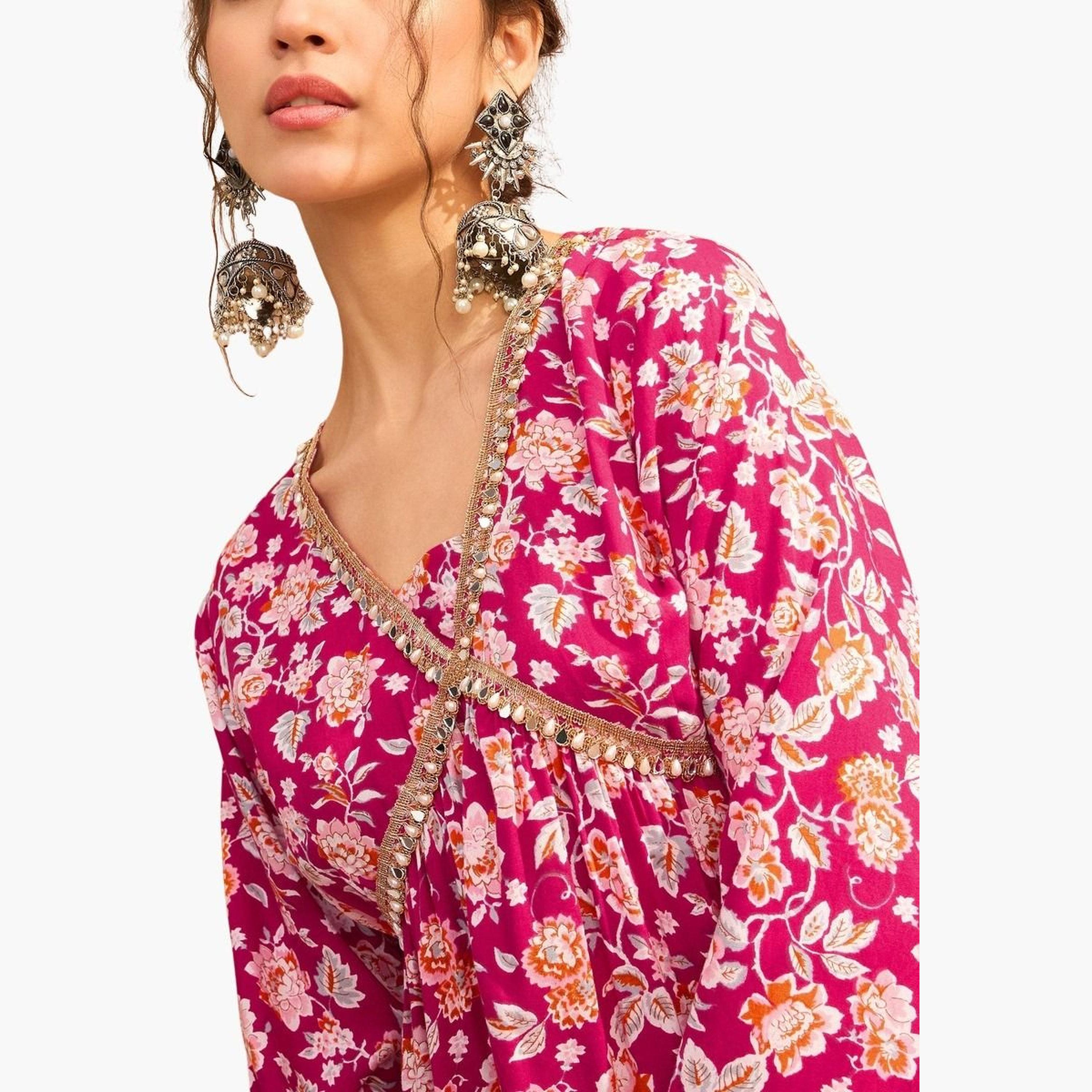 ساسافراس - بلوزة بيبلوم كامبريك حمراء مزهرّة مع بنطال شرارا للنساء-women-clothing-coordsets-image-6