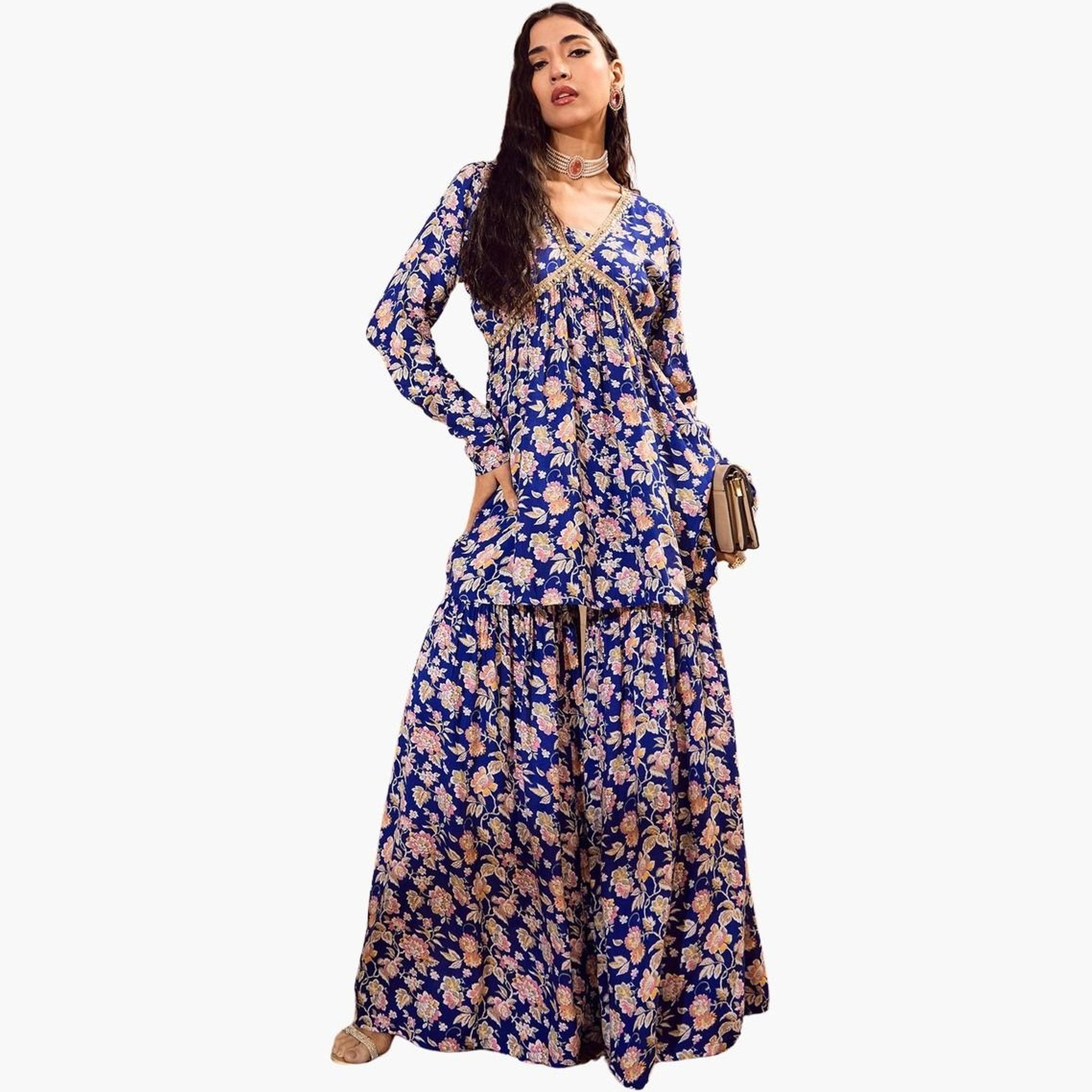 ساسافراس - بلوزة بيبلوم كامبريك زرقاء مزهرّة مع بنطال شرارا للنساء-women-clothing-coordsets-image-1