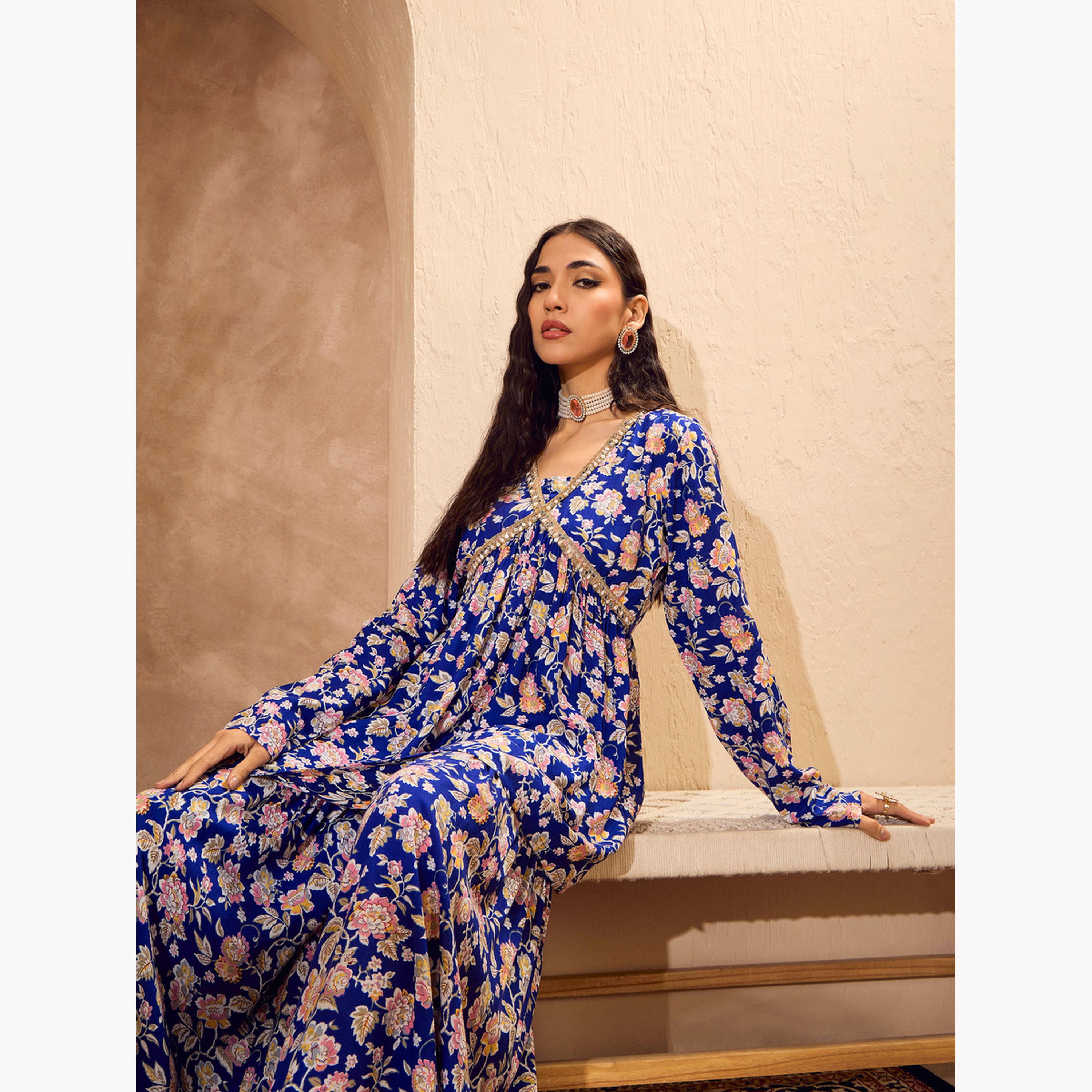 ساسافراس - بلوزة بيبلوم كامبريك زرقاء مزهرّة مع بنطال شرارا للنساء-women-clothing-coordsets-image-2