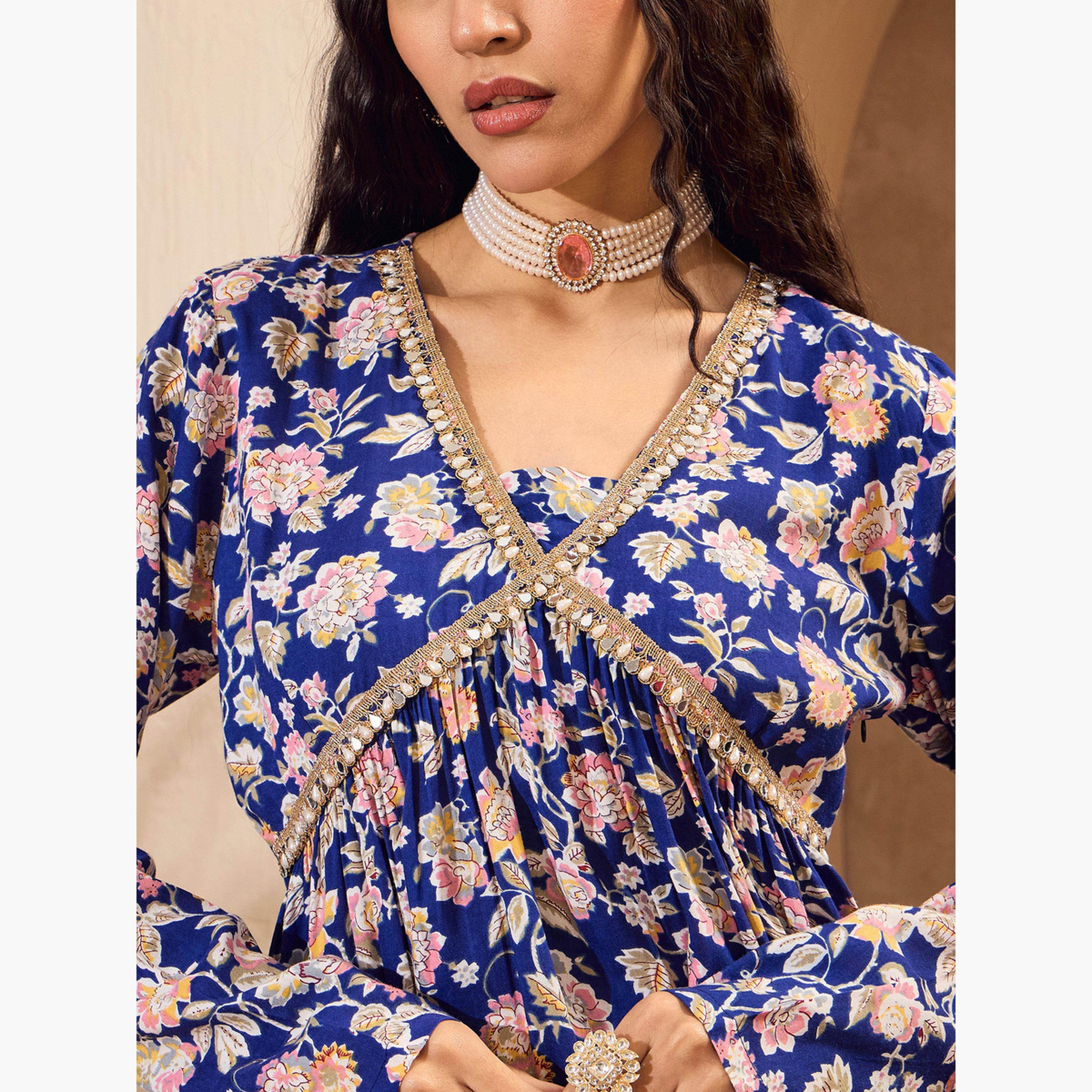 ساسافراس - بلوزة بيبلوم كامبريك زرقاء مزهرّة مع بنطال شرارا للنساء-women-clothing-coordsets-image-6