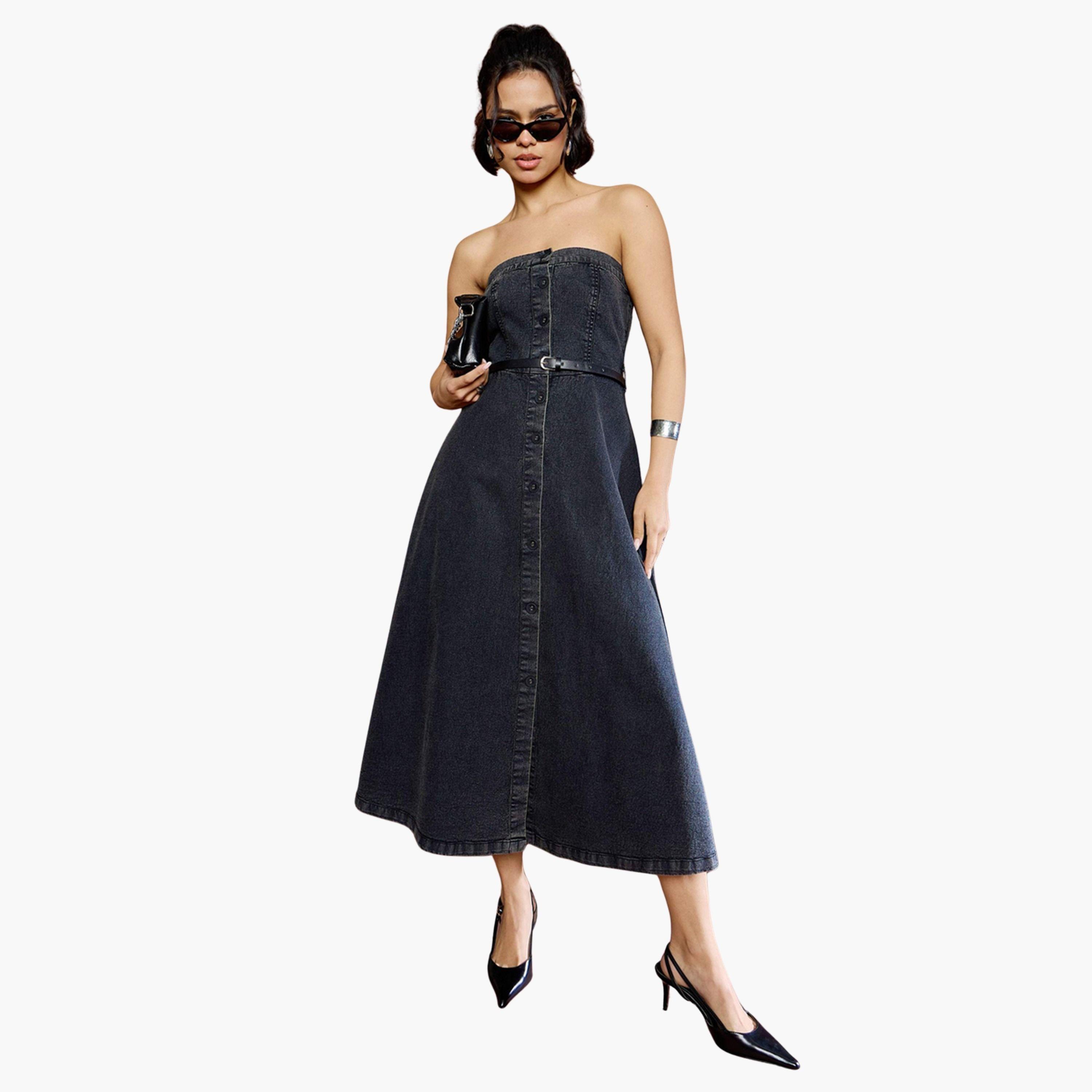 ساسافراس - فستان ميدي من قماش الدنيم الأسود المغسول بفتحة رقبة على شكل شريط-women-clothing-dresses-image-1