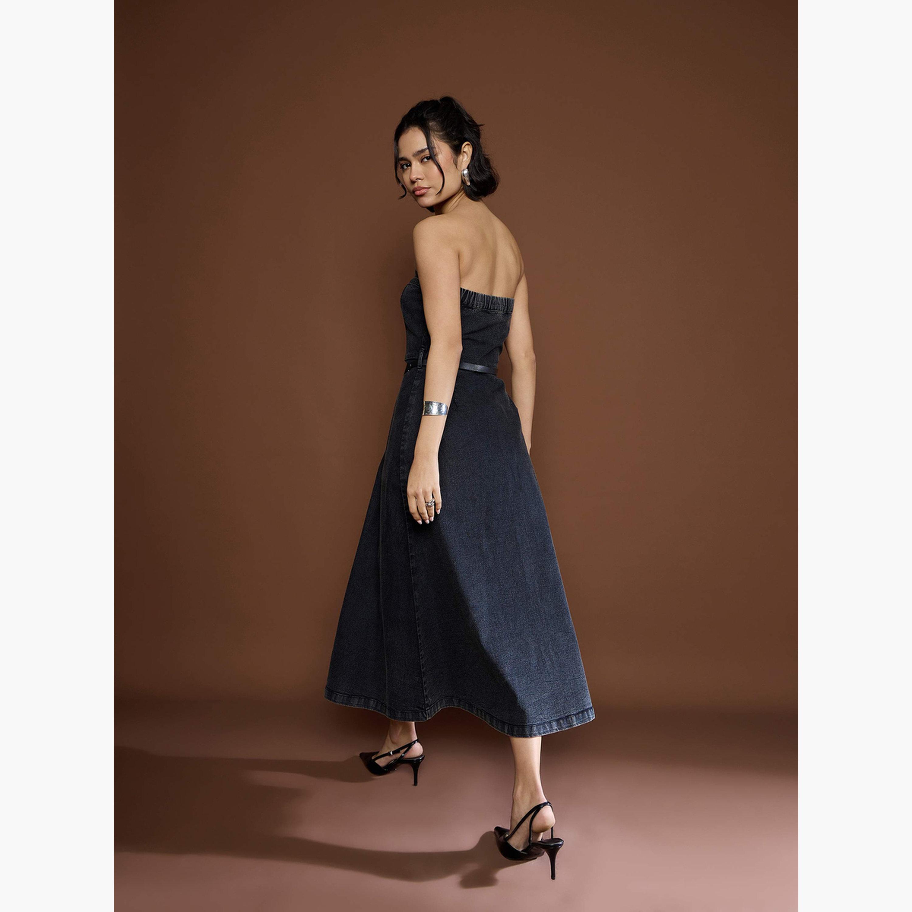 Sassafras Black Washed Denim Bandeau Neck Midi Dress-women-clothing-dresses-image-6