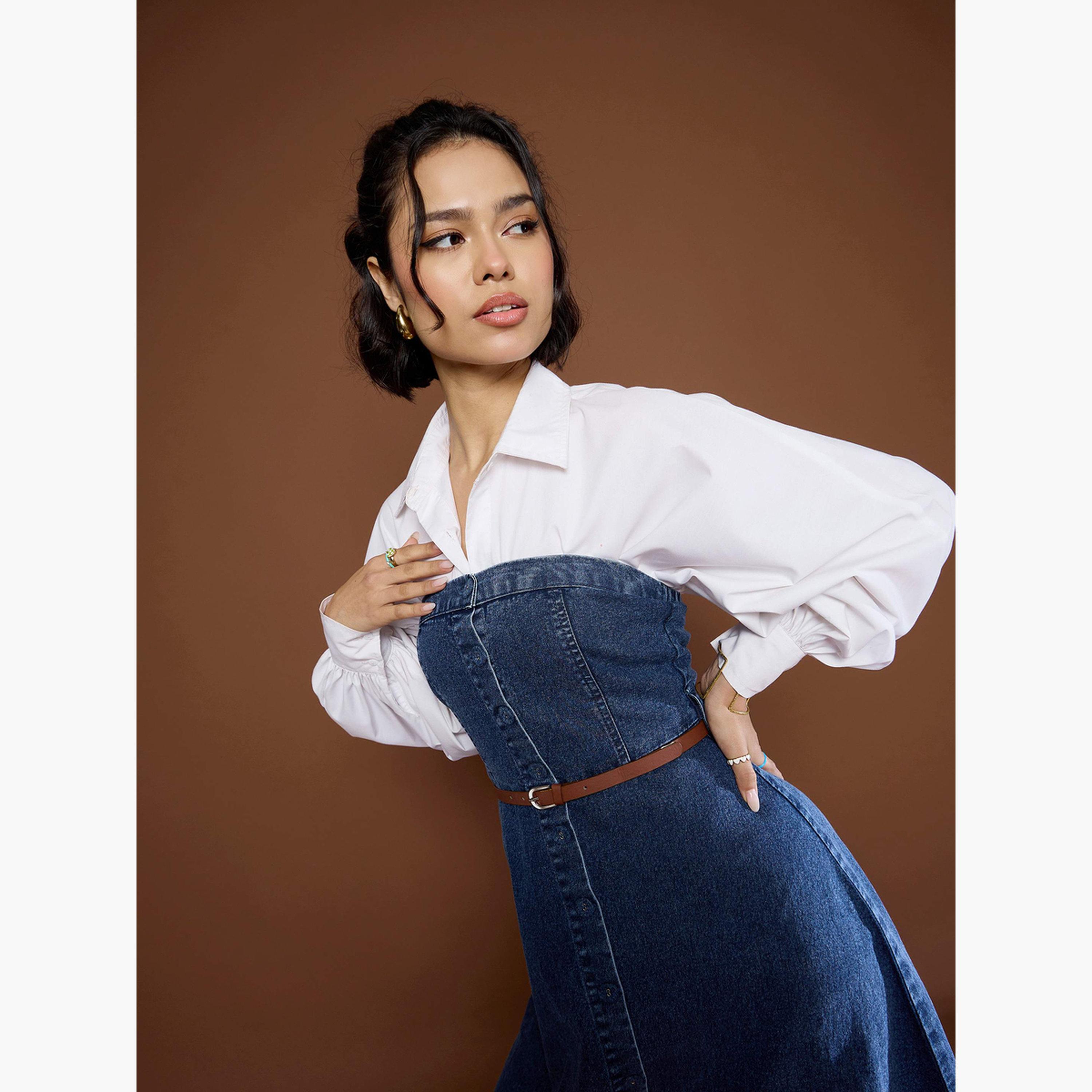 ساسافراس - فستان جينز أزرق متوسط ​​الطول-women-clothing-dresses-image-2
