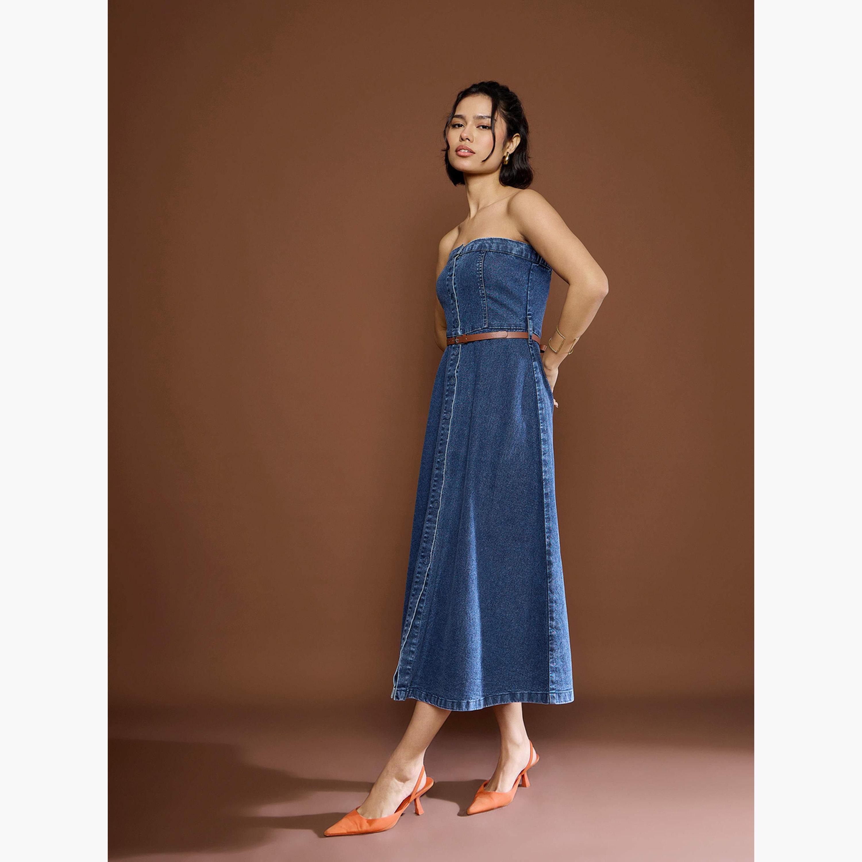 ساسافراس - فستان جينز أزرق متوسط ​​الطول-women-clothing-dresses-image-3