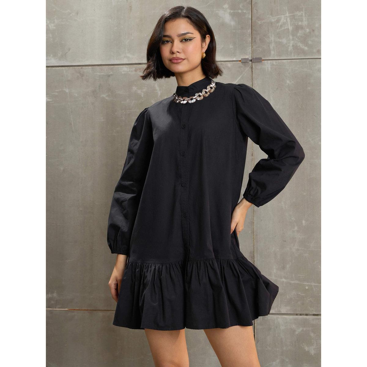 Sassafras Black Poplin Frill Hem Mini Dress-women-clothing-dresses-image-1