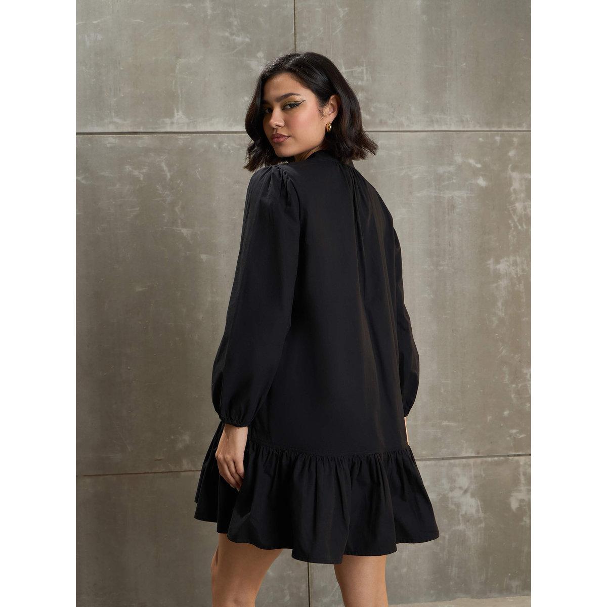 Sassafras Black Poplin Frill Hem Mini Dress-women-clothing-dresses-image-5