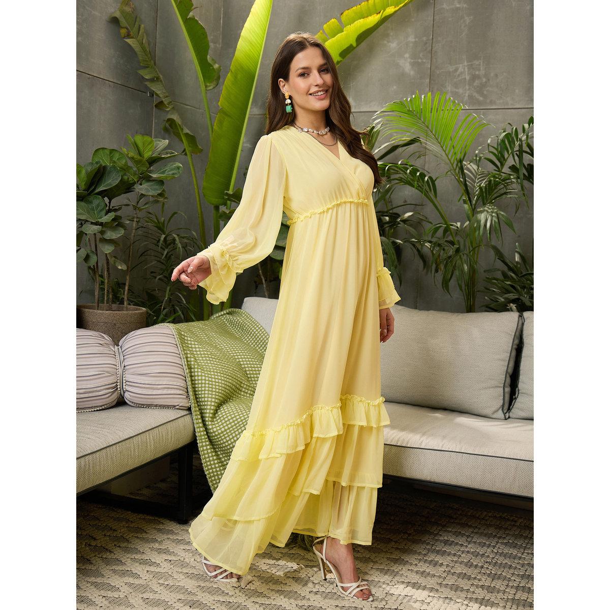 Sassafras Yellow V Neck Ruffled Maxi Dress-women-clothing-dresses-image-3