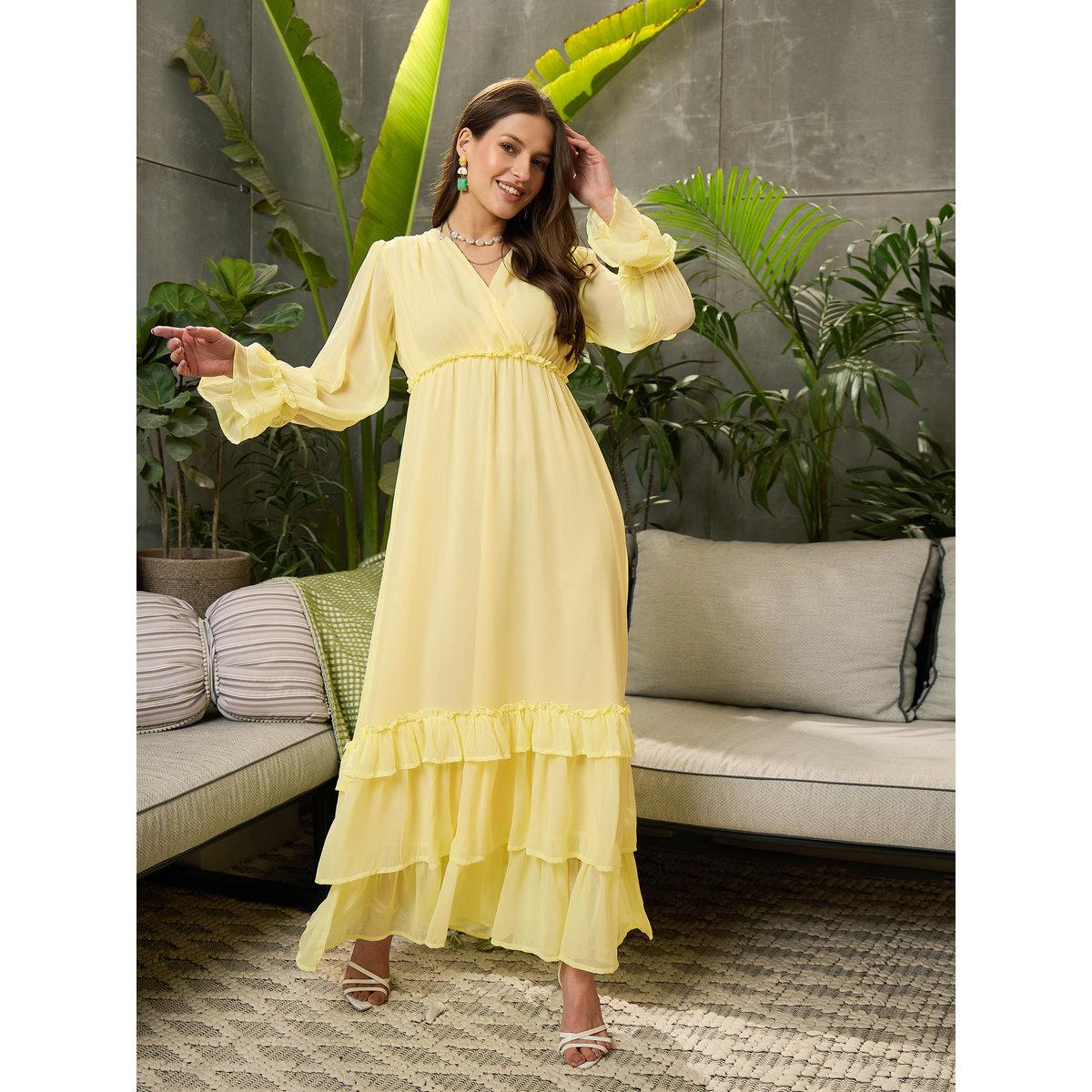 Sassafras Yellow V Neck Ruffled Maxi Dress-women-clothing-dresses-image-6