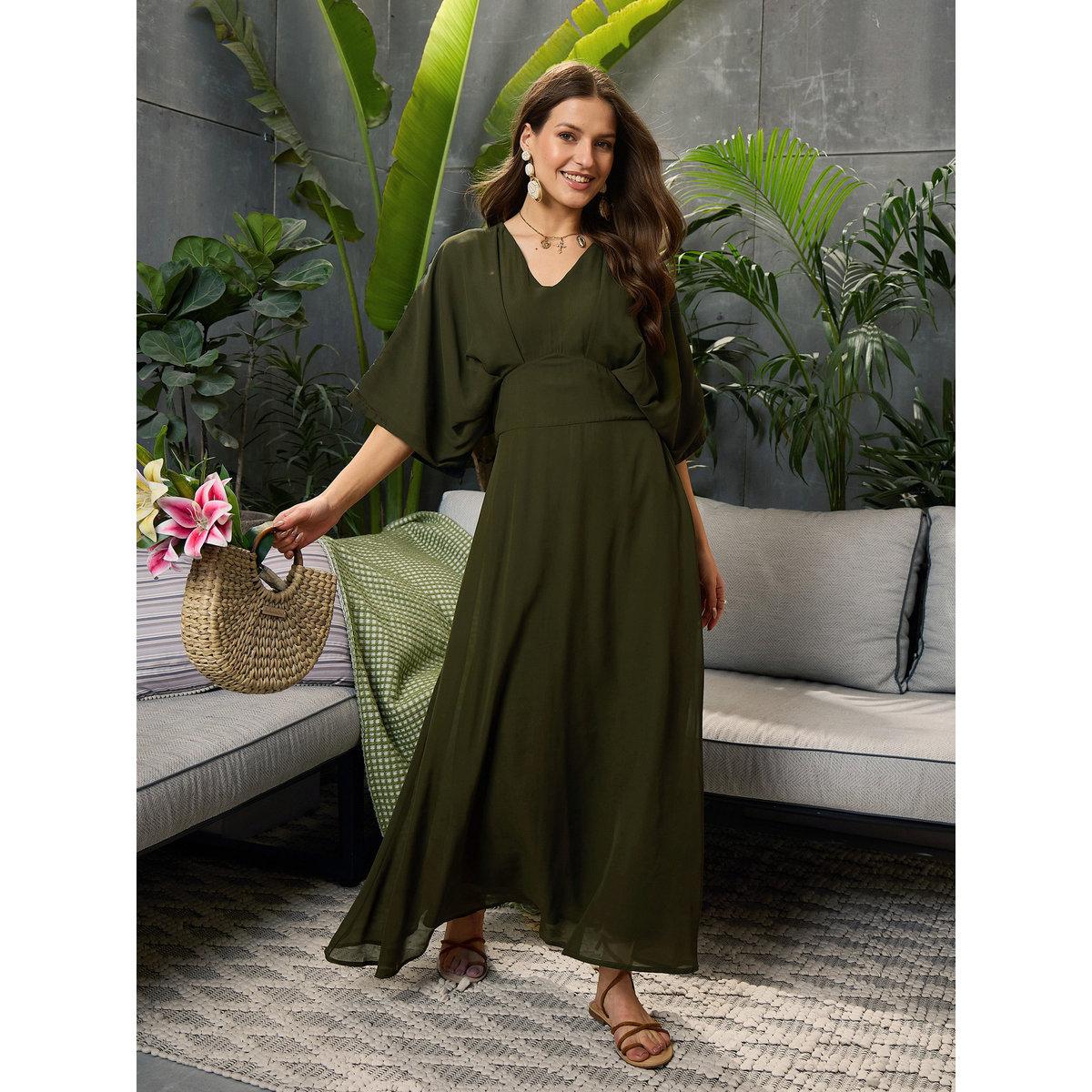 Sassafras Olive Solid Kimono Sleeve Maxi Dress-women-clothing-dresses-image-1