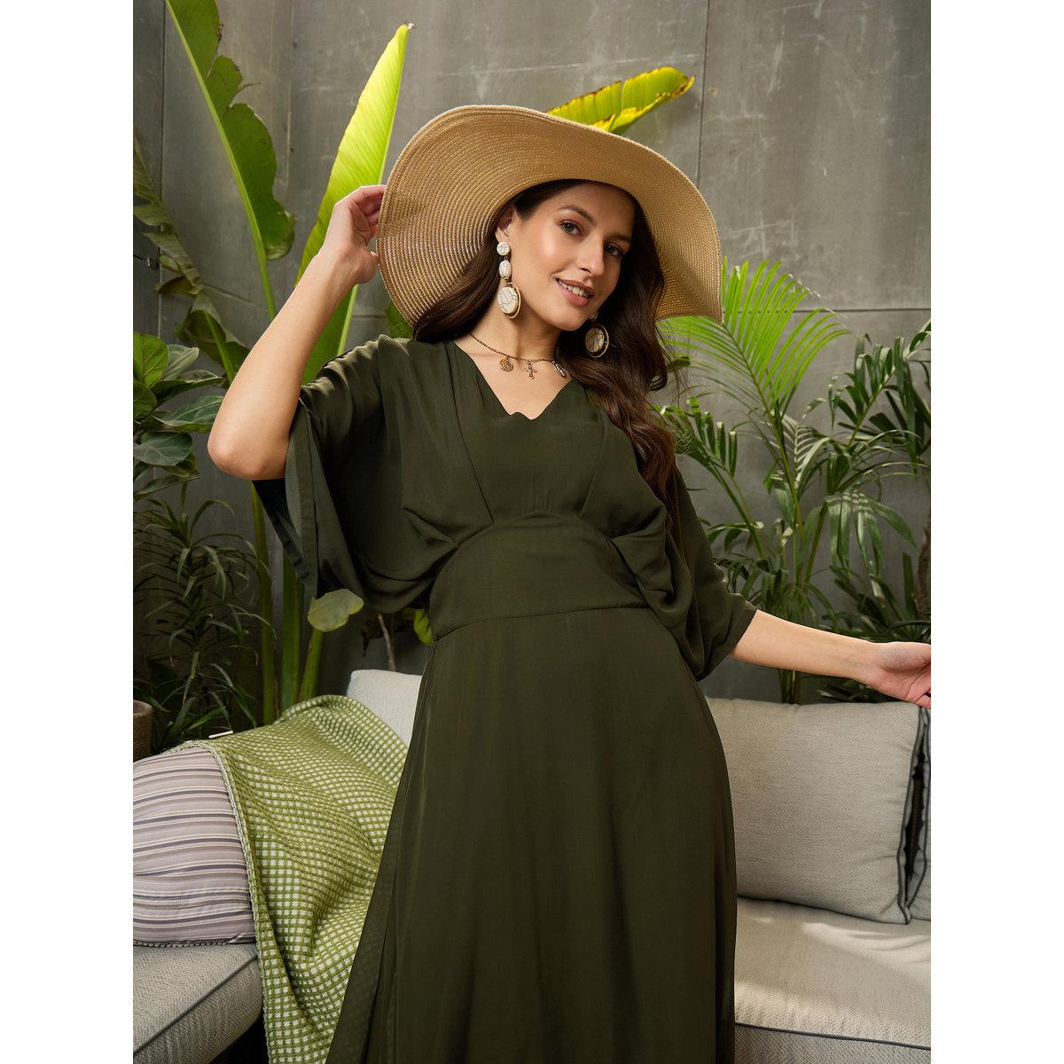 Sassafras Olive Solid Kimono Sleeve Maxi Dress-women-clothing-dresses-image-2