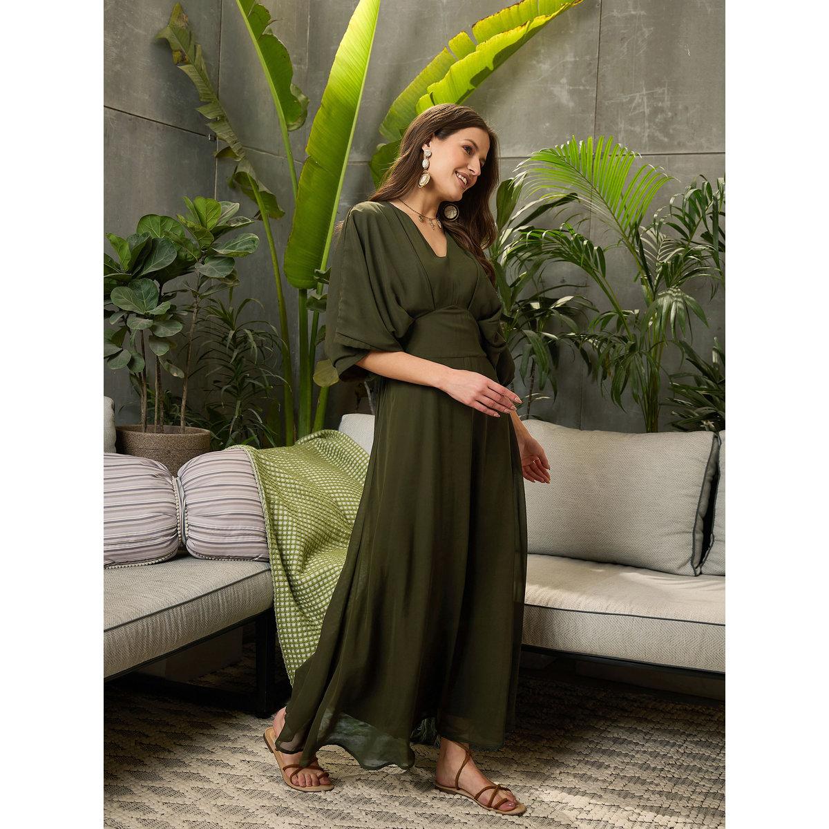 Sassafras Olive Solid Kimono Sleeve Maxi Dress-women-clothing-dresses-image-3