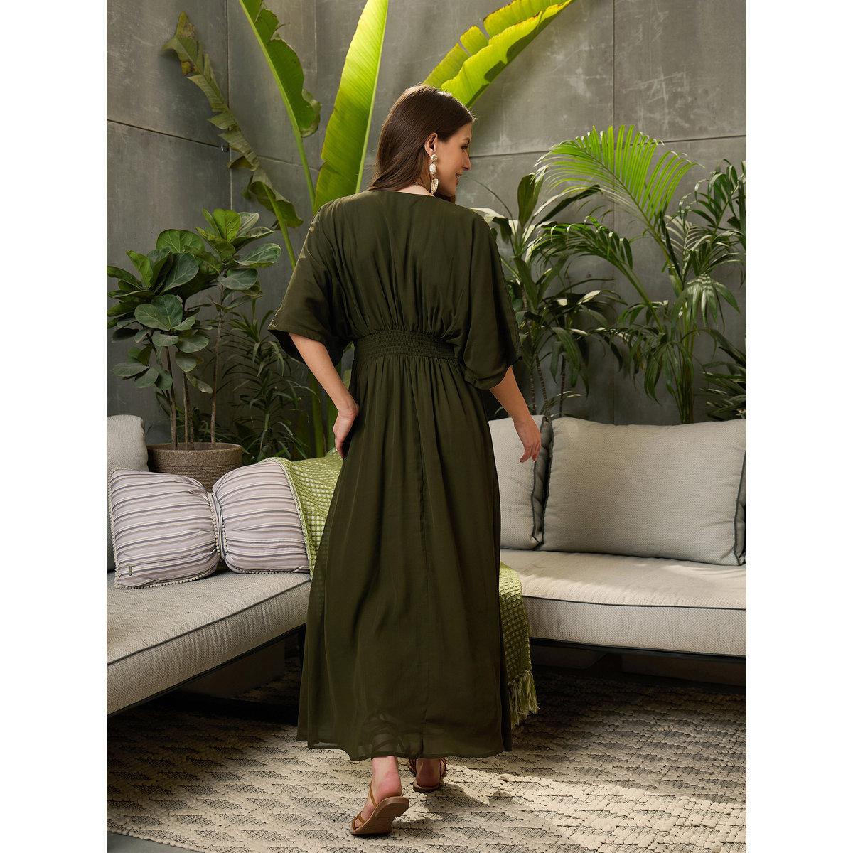 Sassafras Olive Solid Kimono Sleeve Maxi Dress-women-clothing-dresses-image-5
