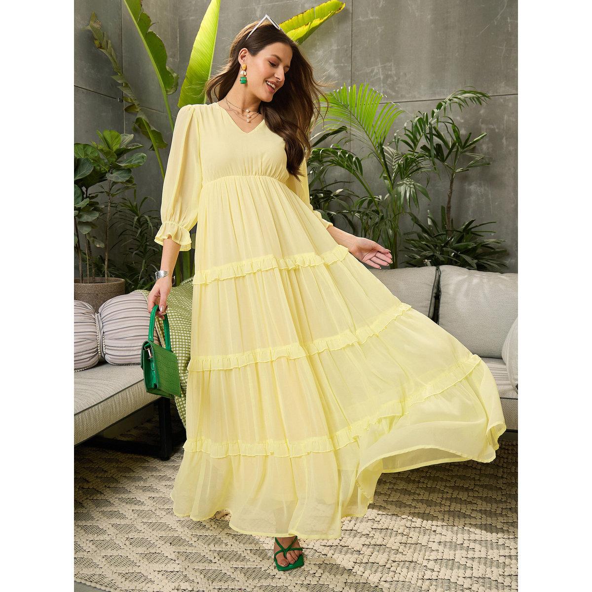 Sassafras Yellow V Neck Tiered Maxi Dress-women-clothing-dresses-image-1