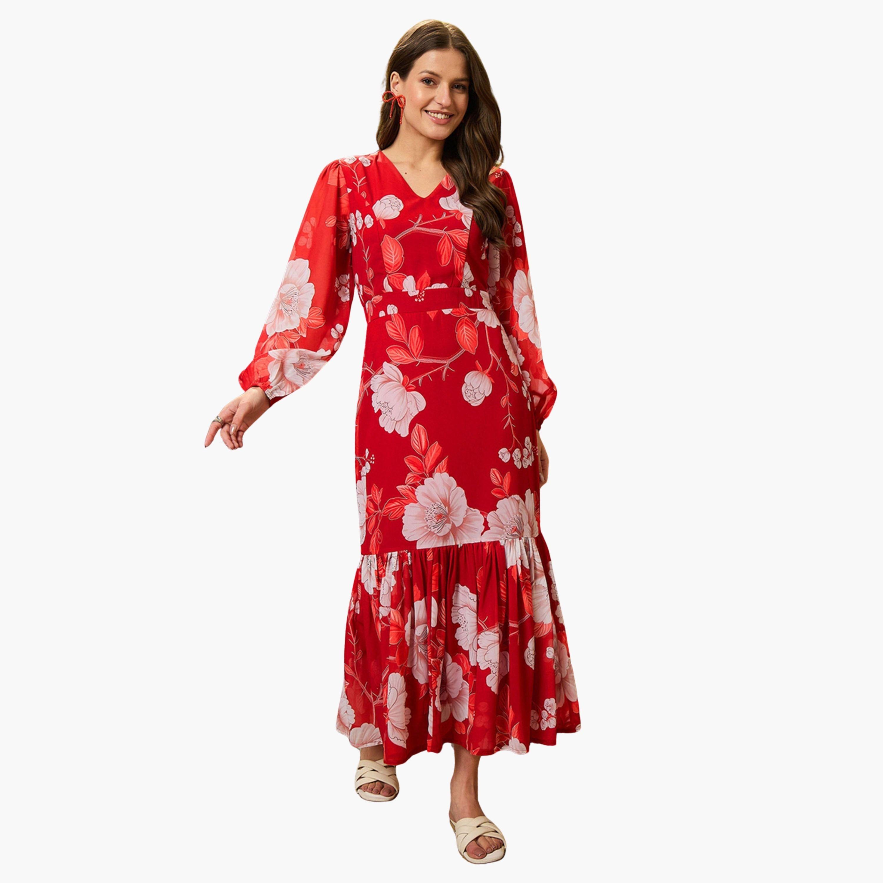 ساسافراس - فستان ميدي بأكمام منفوخة وطبعة زهور حمراء-women-clothing-dresses-image-1