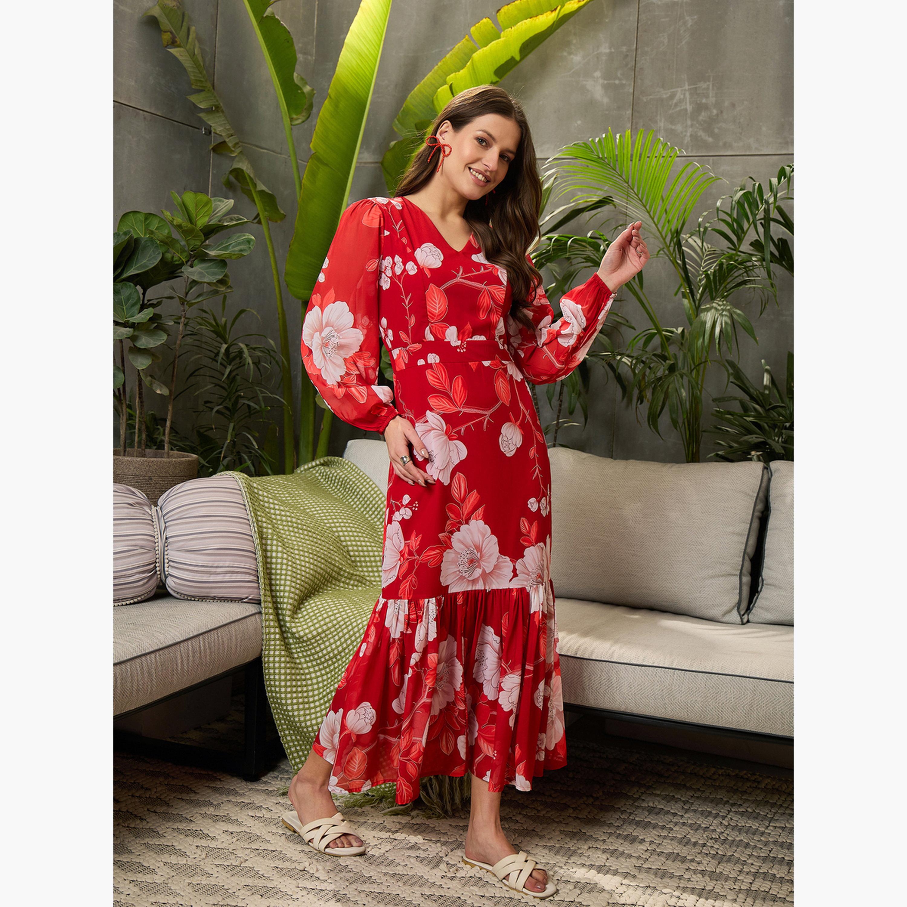 ساسافراس - فستان ميدي بأكمام منفوخة وطبعة زهور حمراء-women-clothing-dresses-image-3