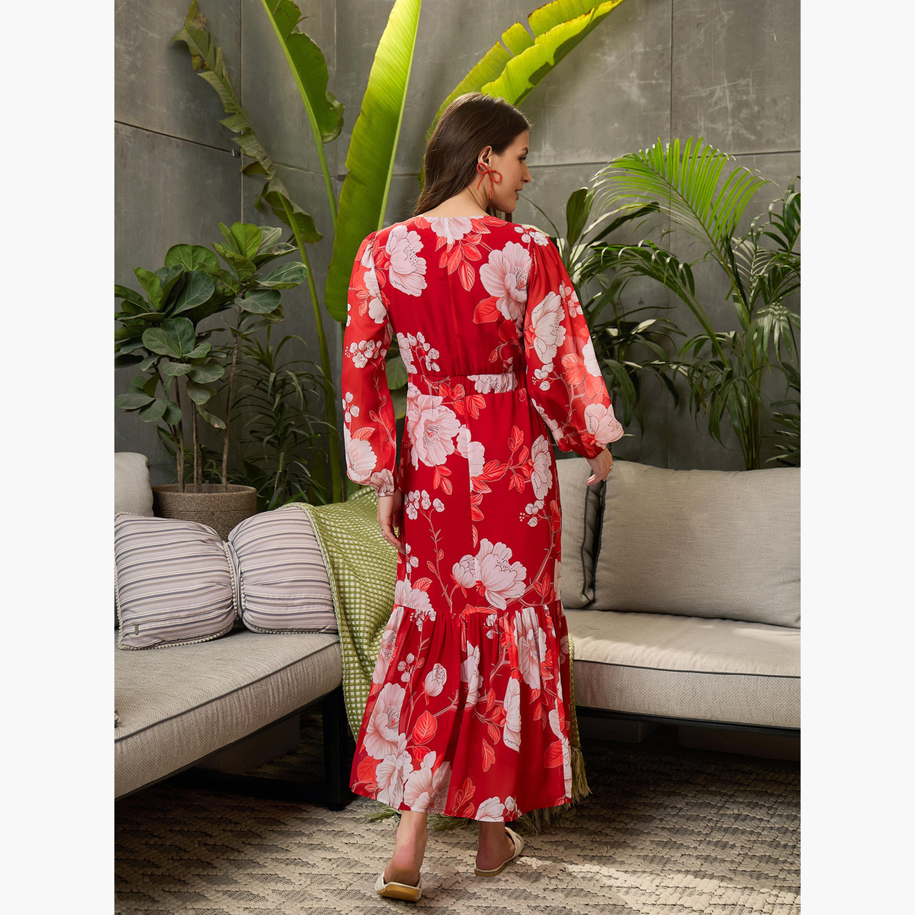 ساسافراس - فستان ميدي بأكمام منفوخة وطبعة زهور حمراء-women-clothing-dresses-image-5