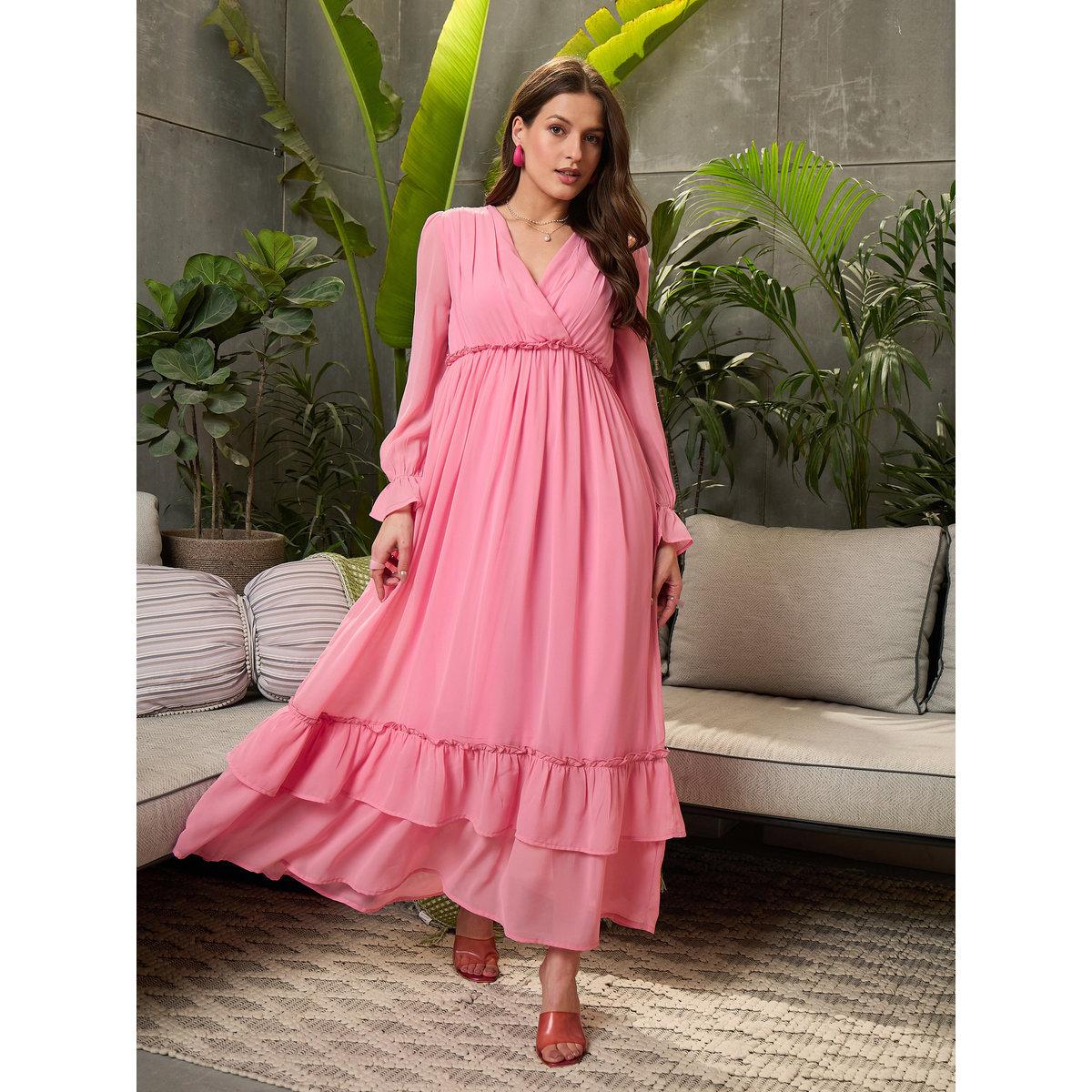 Sassafras Pink Layered Frill Hem Maxi Dress-women-clothing-dresses-image-1