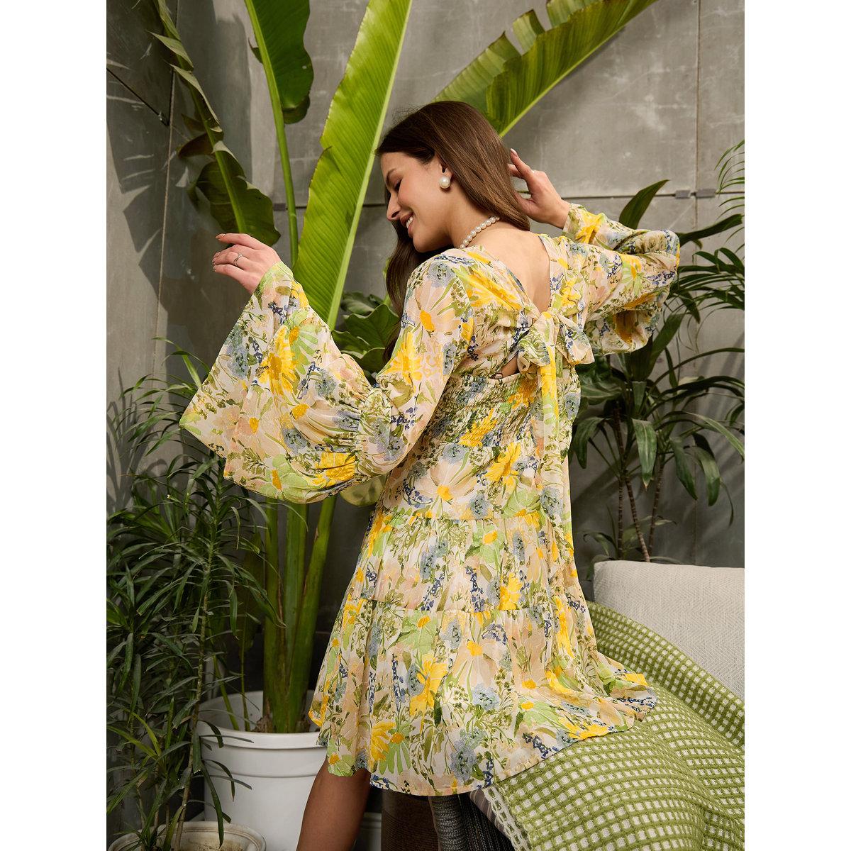 Sassafras Green Floral Back Smocked Mini Dress-women-clothing-dresses-image-2