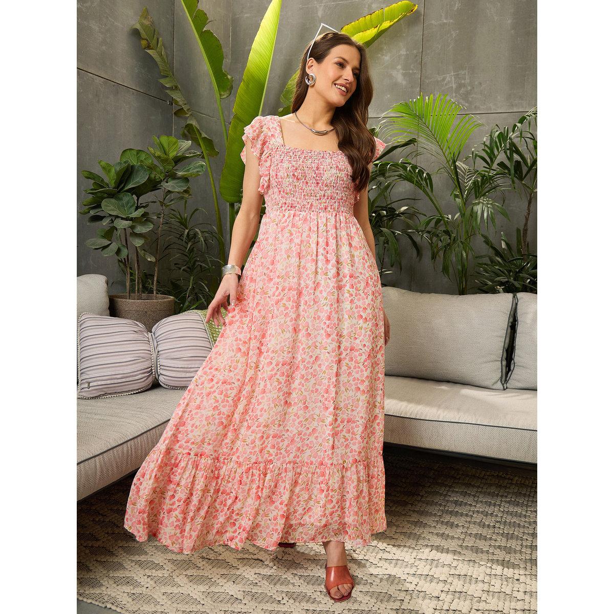 Sassafras Peach Ditsy Print Square Neck Maxi Dress-women-clothing-dresses-image-1