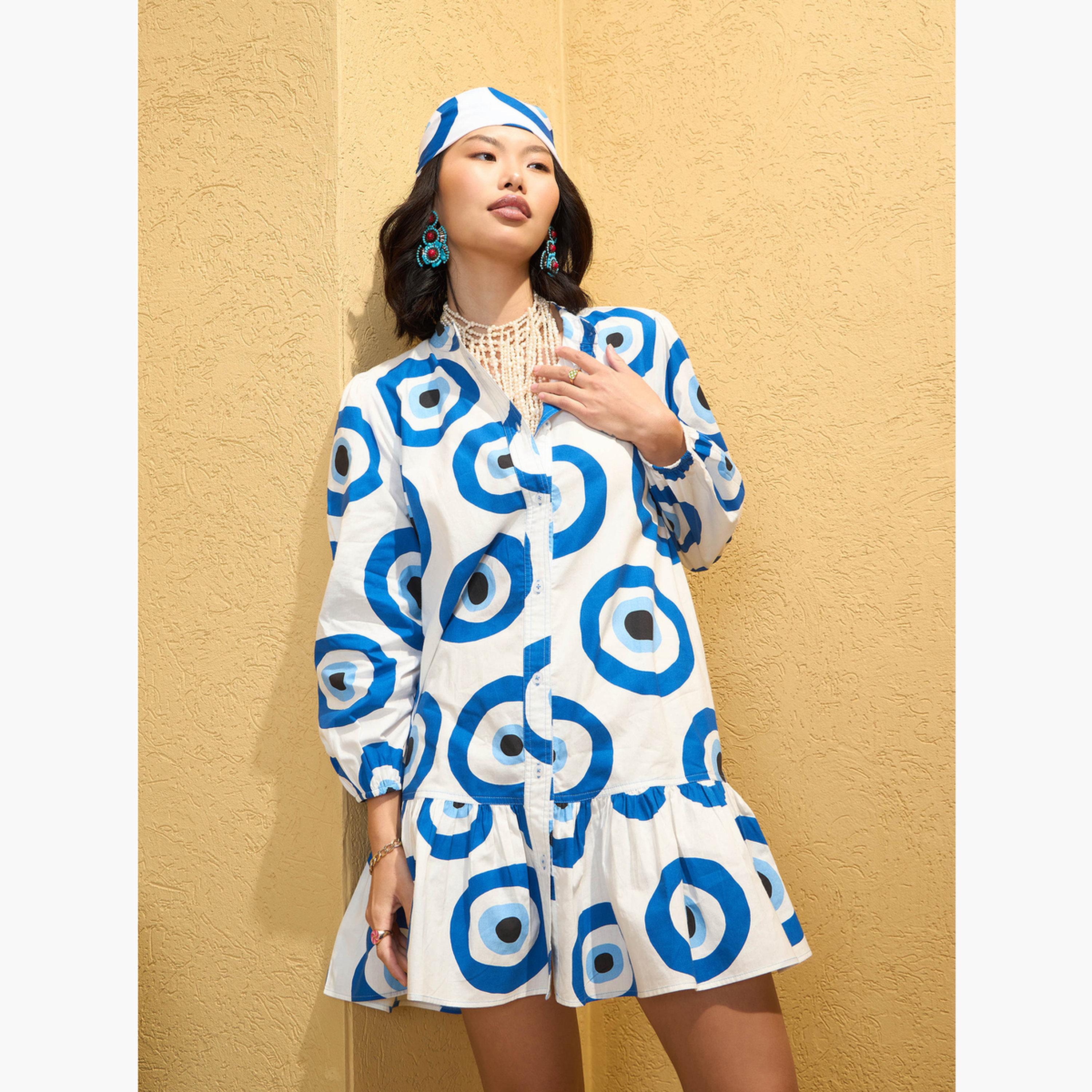 ساسافراس - فستان قصير بطبعة عين الشر لون أبيض-women-clothing-dresses-image-4