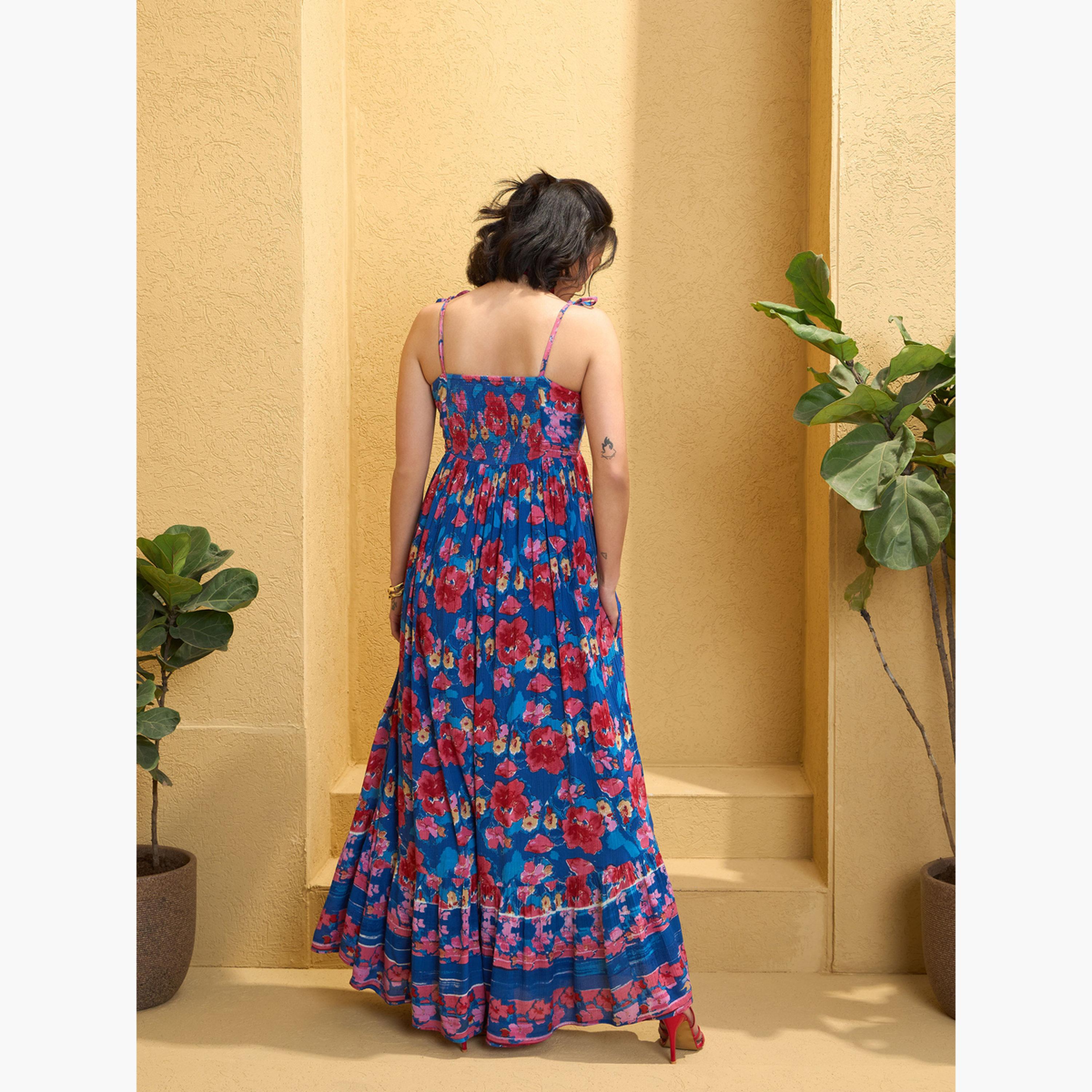 ساسافراس - فستان ماكسي بطبعة زهور وحمالات ورباط-women-clothing-dresses-image-5