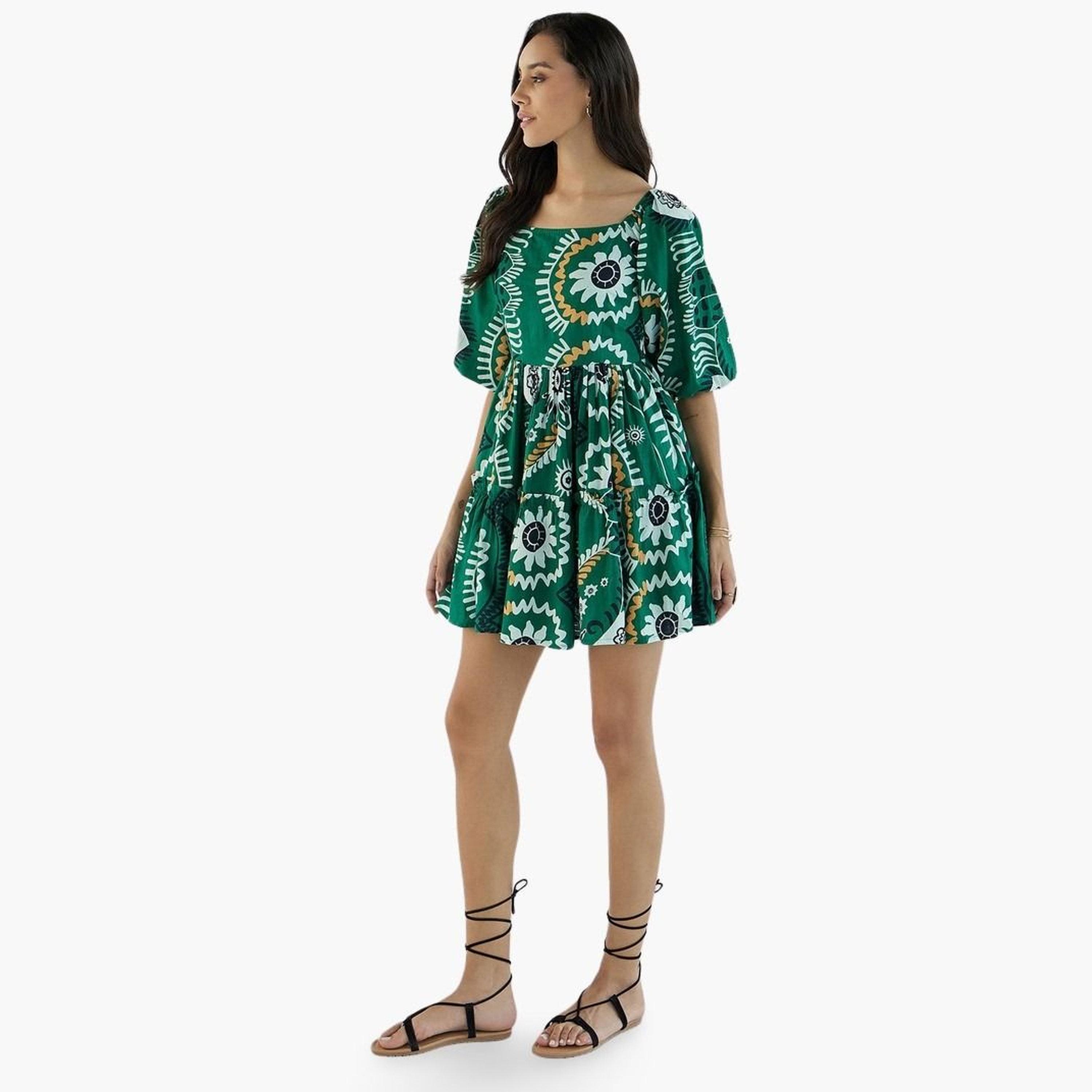 ساسافراس - فستان قصير بطبعة زهور باللون الأخضر الزمردي-women-clothing-dresses-image-1
