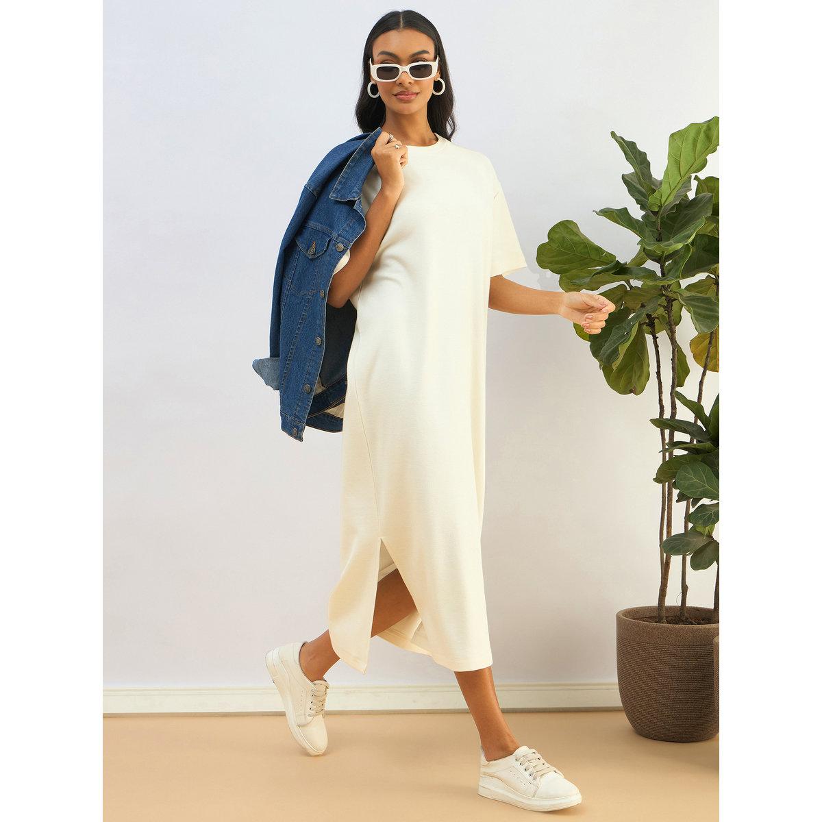 Sassafras Off White Waffle Knit Oversized T-Shirt Midi Dress-women-clothing-dresses-image-1