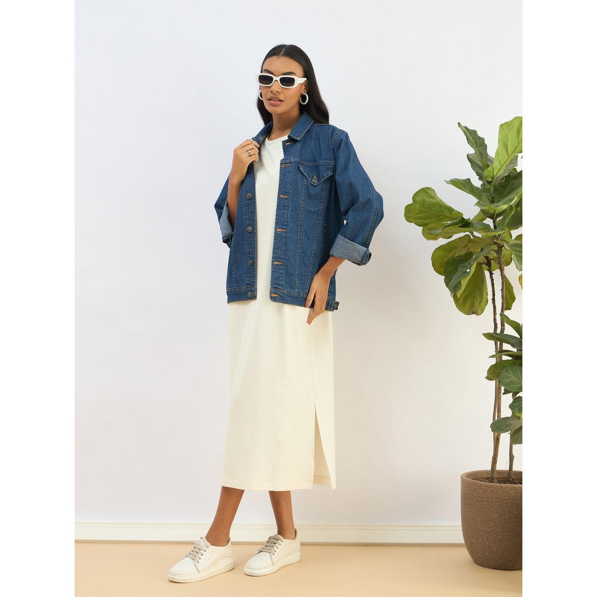 Sassafras Off White Waffle Knit Oversized T-Shirt Midi Dress-women-clothing-dresses-image-2