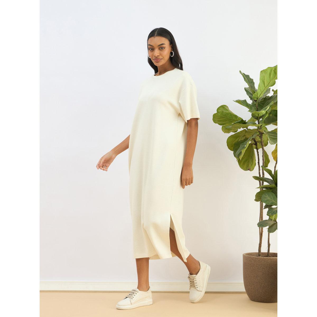 Sassafras Off White Waffle Knit Oversized T-Shirt Midi Dress-women-clothing-dresses-image-3