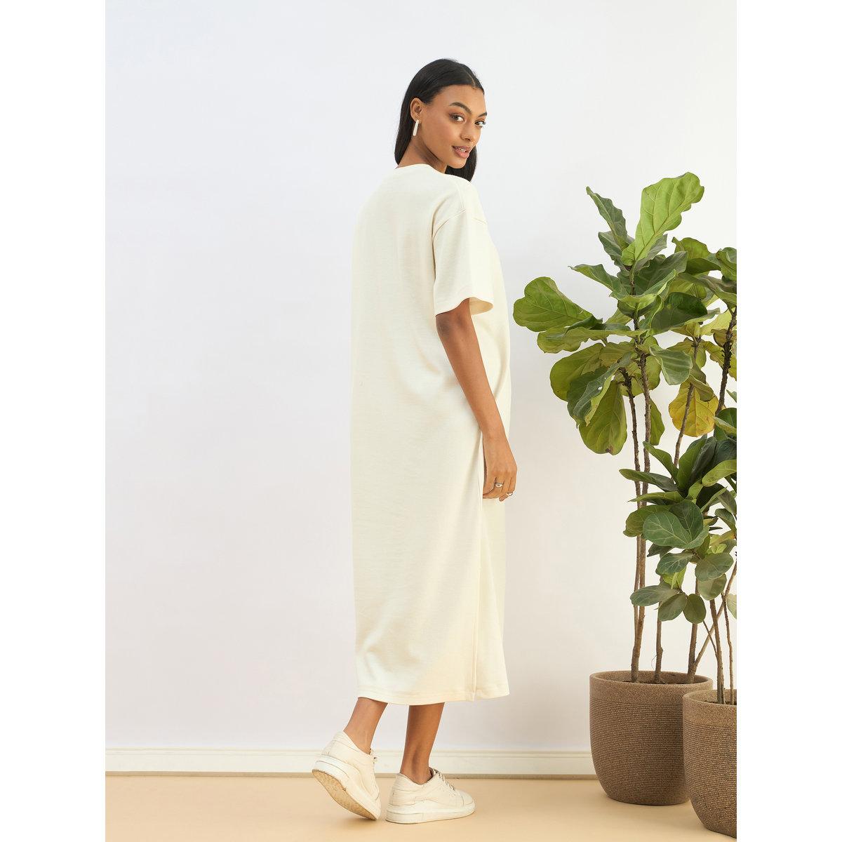 Sassafras Off White Waffle Knit Oversized T-Shirt Midi Dress-women-clothing-dresses-image-5