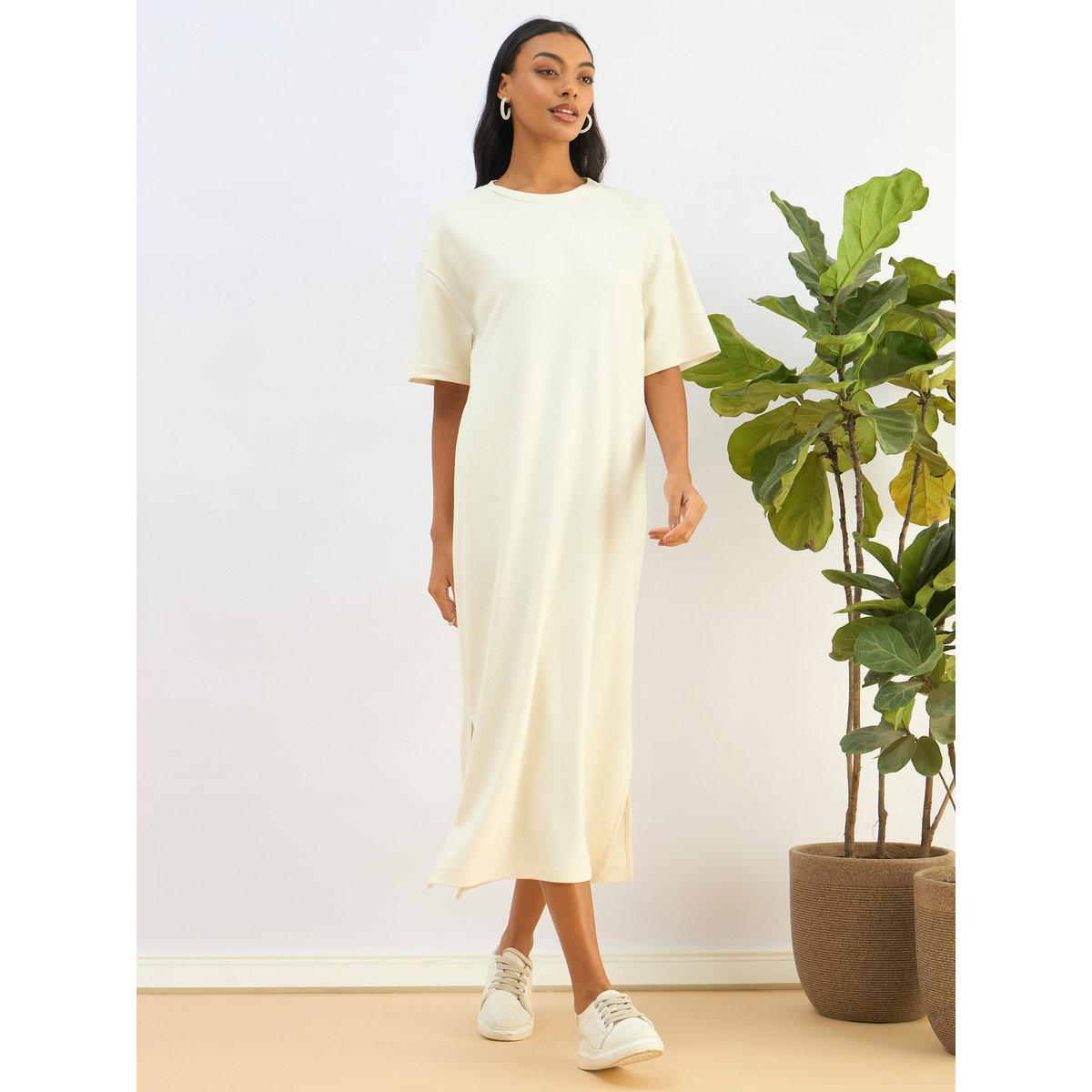 Sassafras Off White Waffle Knit Oversized T-Shirt Midi Dress-women-clothing-dresses-image-6