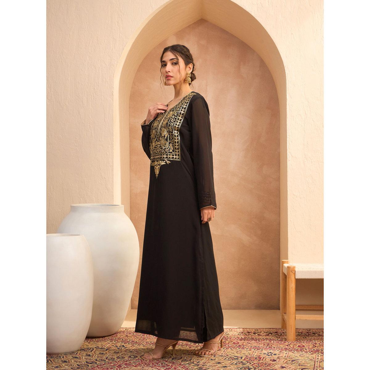 عباية بتفاصيل ترتر مع فستان بحمالات-women-clothing-ethnicwear-dresses-image-4