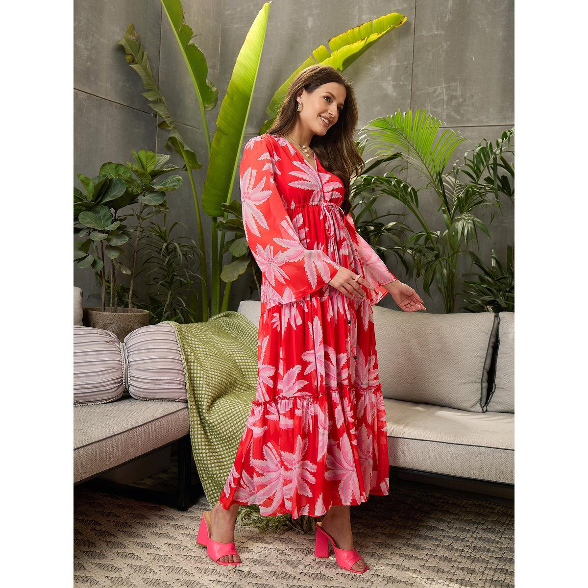 فستان طويل بطبعة نخلة مع تفاصيل كسرات-women-clothing-dresses-image-3